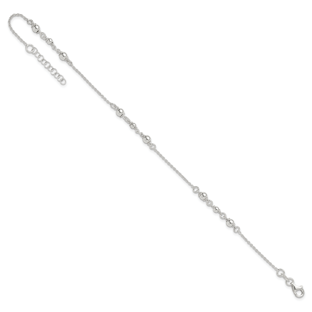 Sterling Silver Beaded 9 inch Plus 1 inch Extender - Total 10 inch Anklet