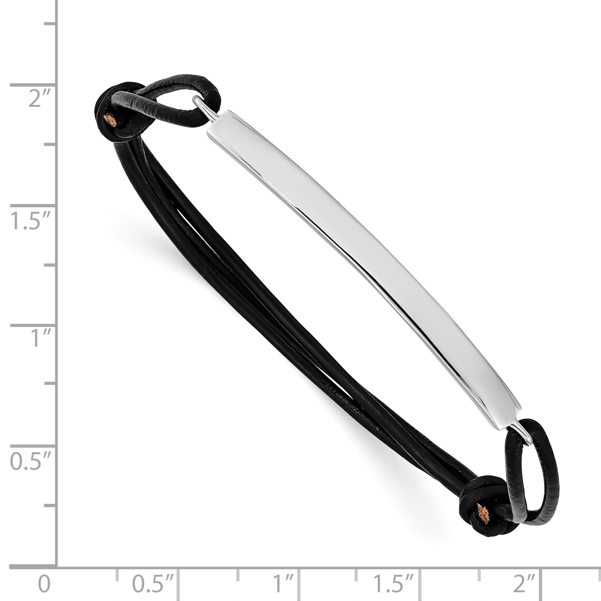 Sterling Silver Rhodium-plated ID Plate With Black Leather Adjustable Bracelet