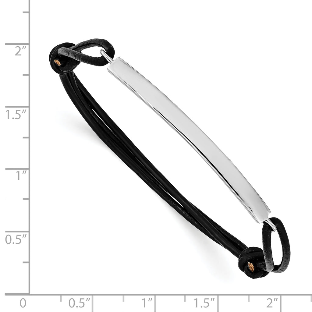 Sterling Silver Rhodium-plated ID Plate With Black Leather Adjustable Bracelet