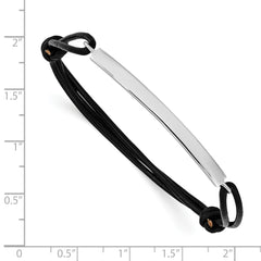 Sterling Silver Rhodium-plated ID Plate With Black Leather Adjustable Bracelet