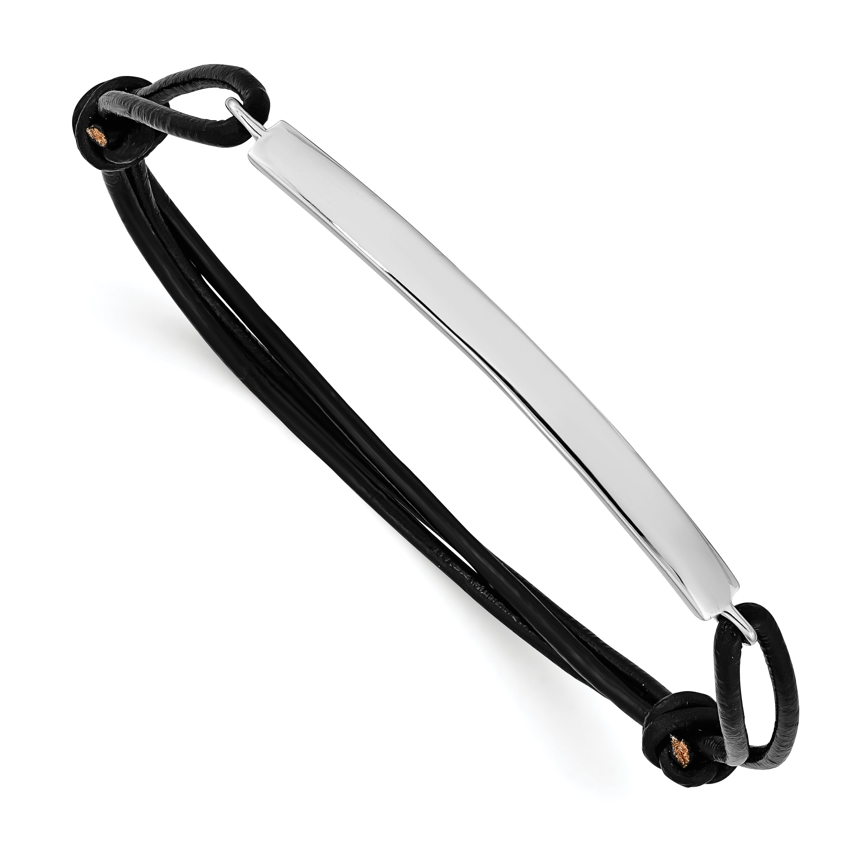 Sterling Silver Rhodium-plated ID Plate With Black Leather Adjustable Bracelet Main image