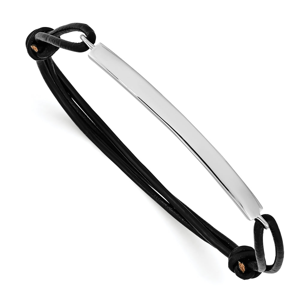 Sterling Silver Rhodium-plated ID Plate With Black Leather Adjustable Bracelet