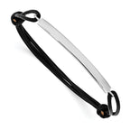 Sterling Silver Rhodium-plated ID Plate With Black Leather Adjustable Bracelet
