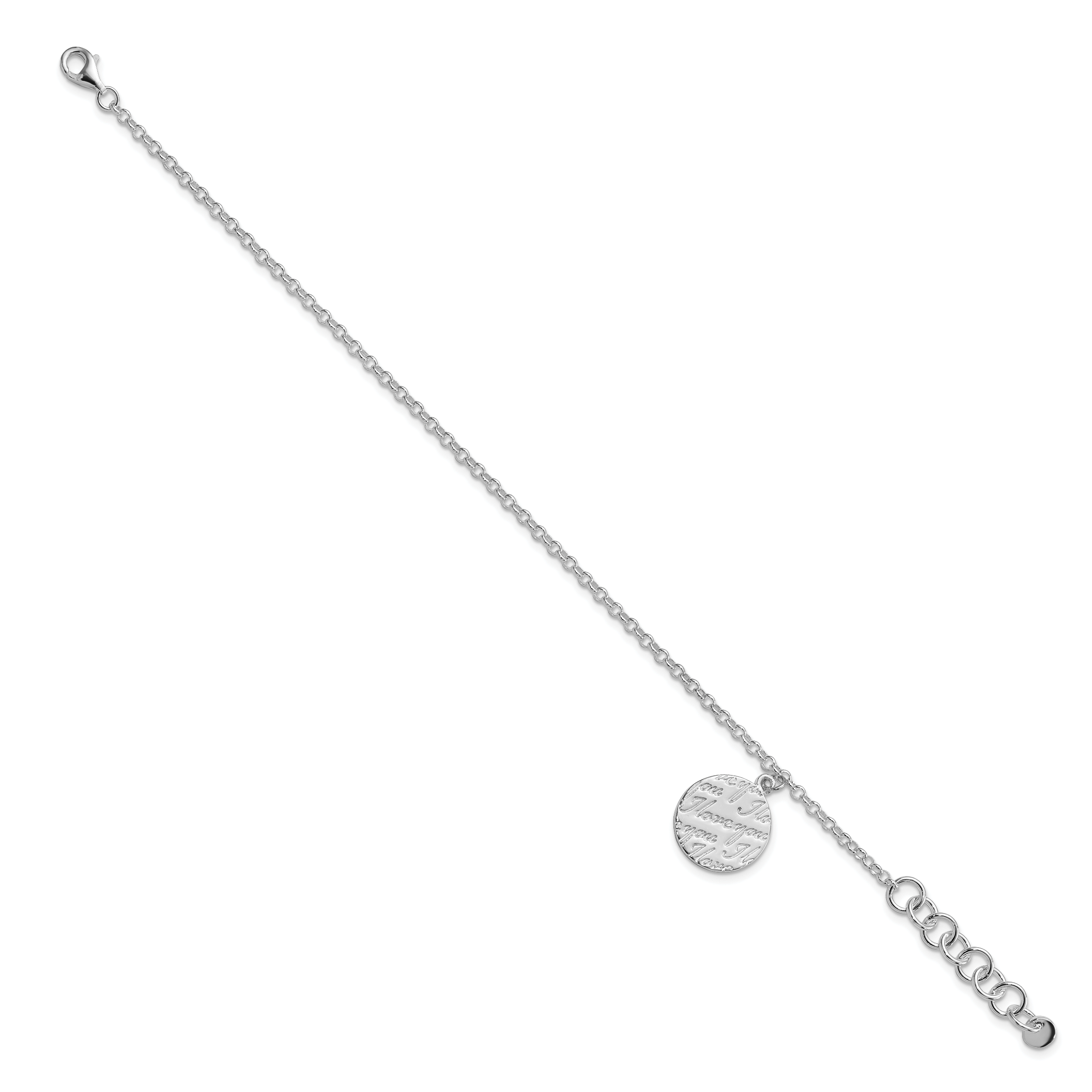 Sterling Silver Polished I Love You Circle Disc With 1in. Ext. Bracelet