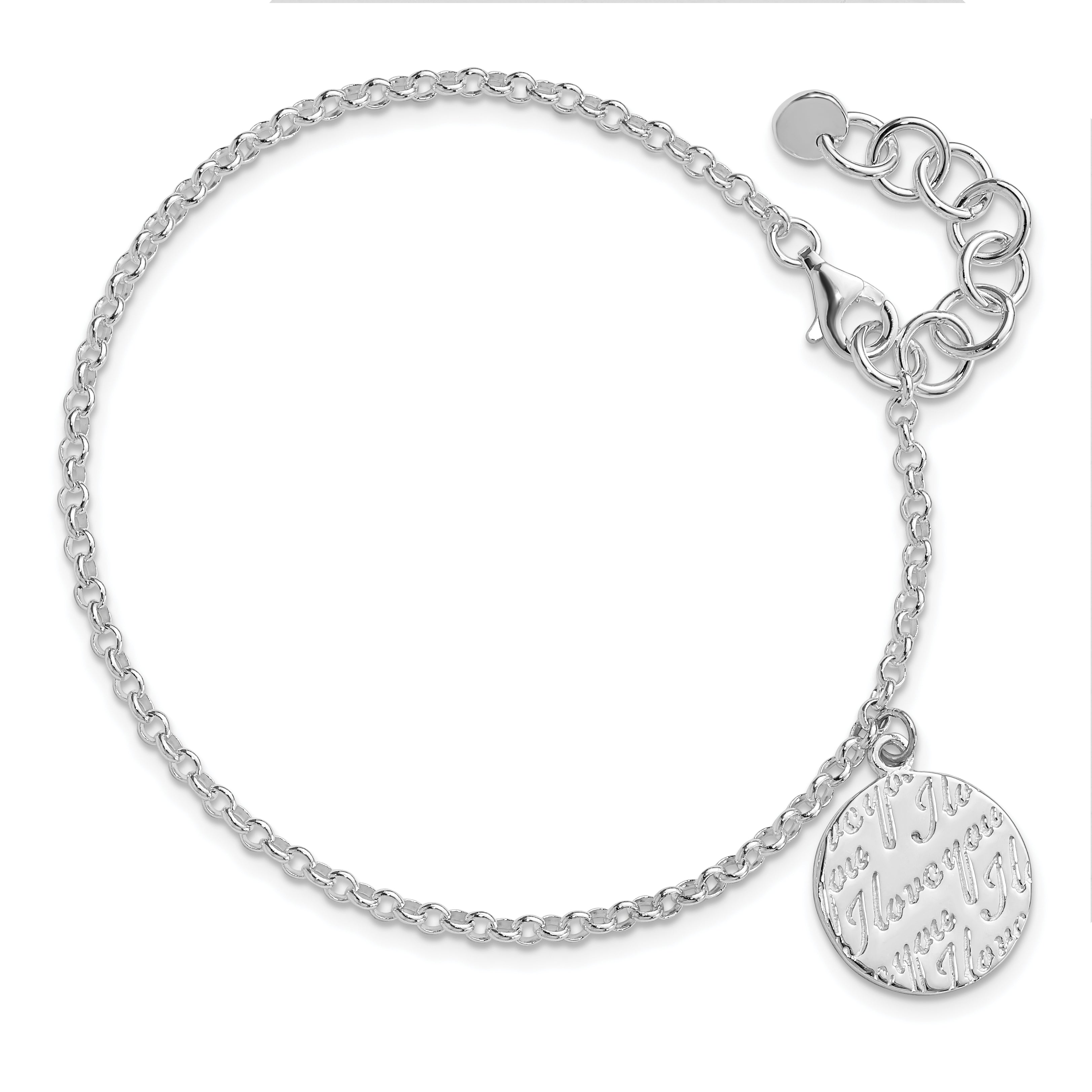 Sterling Silver Polished I Love You Circle Disc With 1in. Ext. Bracelet