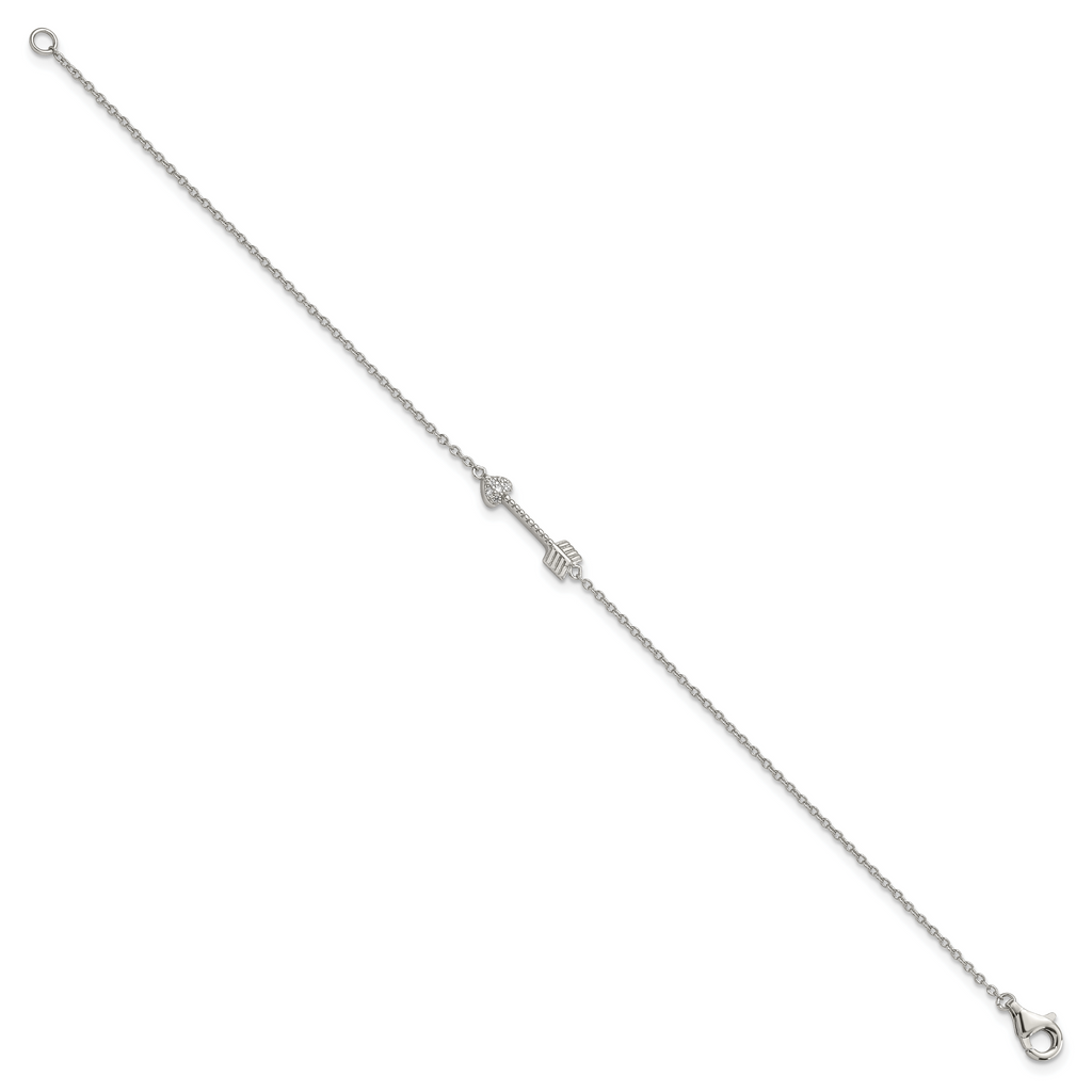 Sterling Silver Rhodium-plated Polished ArroWith Heart with CZ Bracelet
