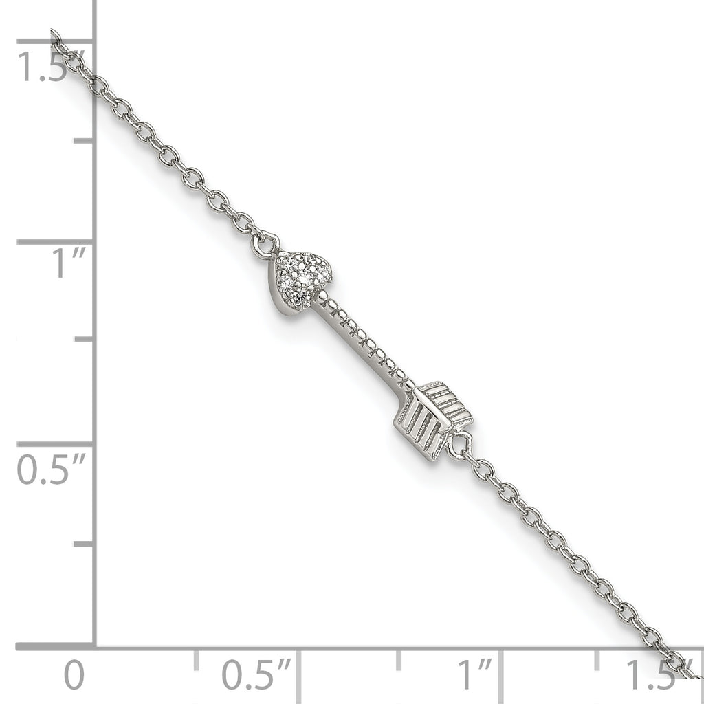 Sterling Silver Rhodium-plated Polished ArroWith Heart with CZ Bracelet
