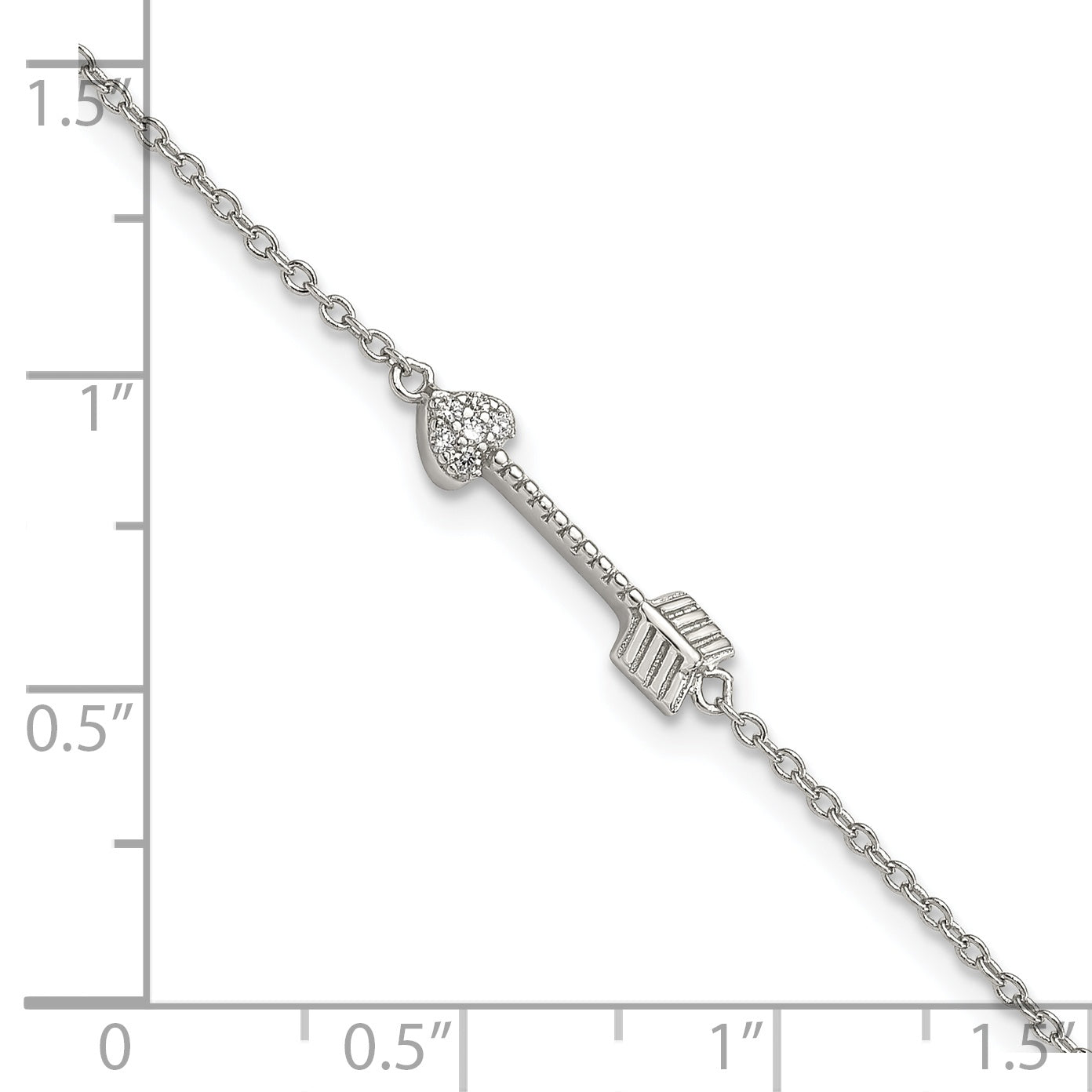 Sterling Silver Rhodium-plated Polished ArroWith Heart with CZ Bracelet