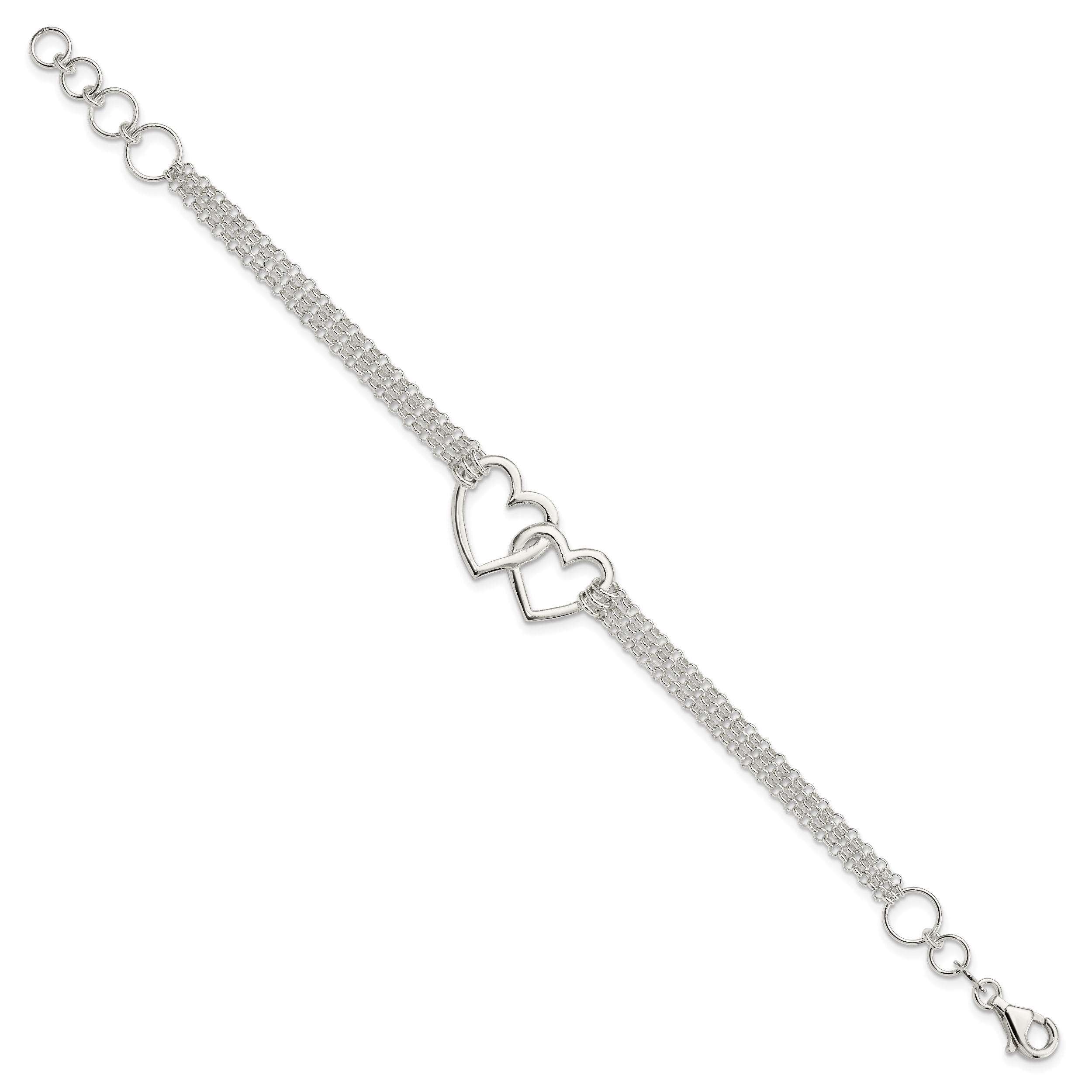 Sterling Silver Polished 3-strand With .5in. Ext. Heart Bracelet Secondary image