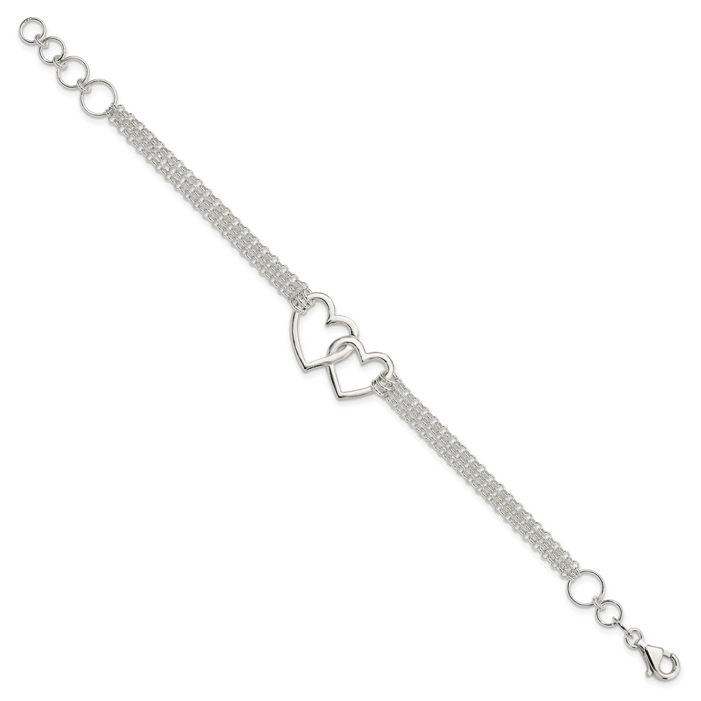Sterling Silver Polished 3-strand With .5in. Ext. Heart Bracelet