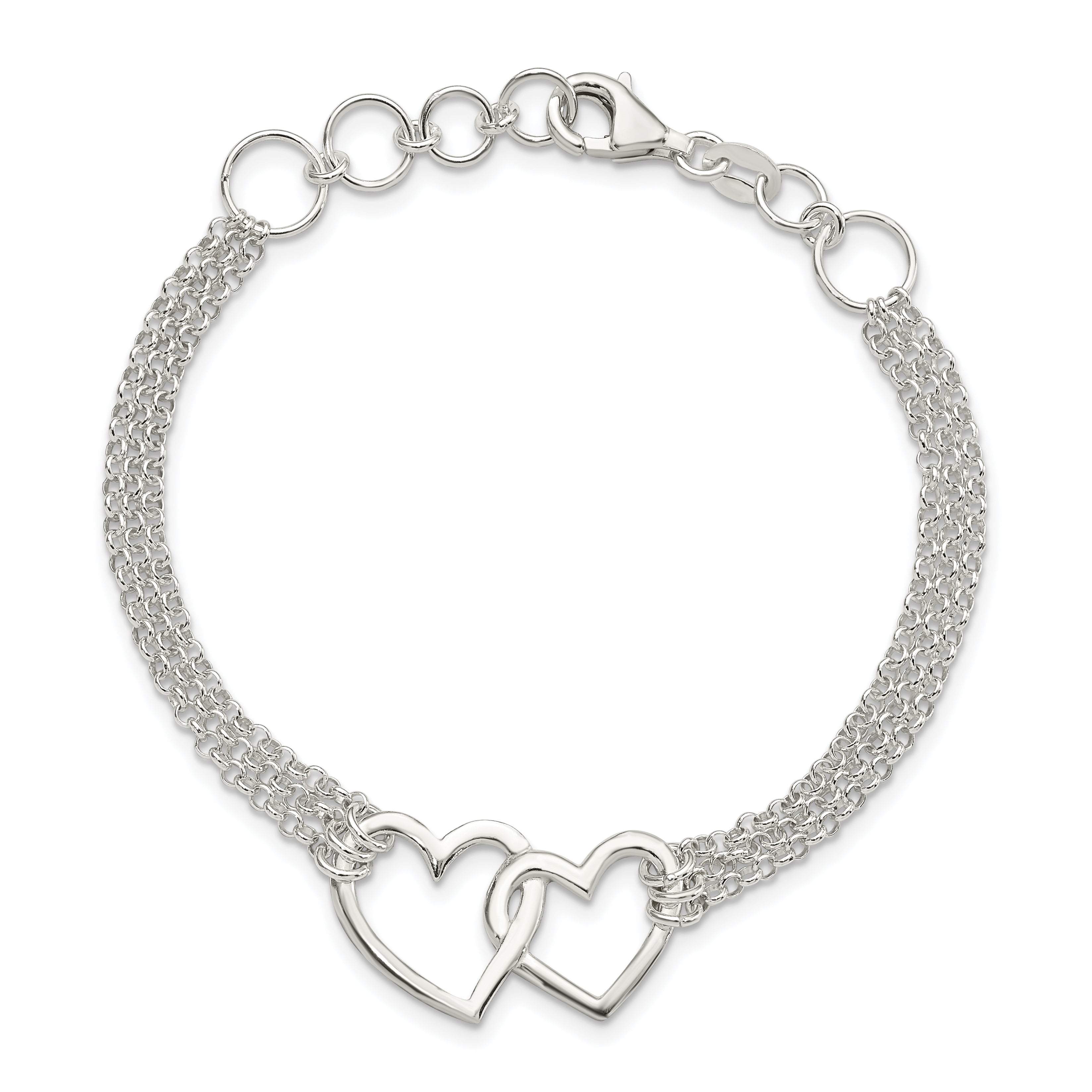 Sterling Silver Polished 3-strand With .5in. Ext. Heart Bracelet