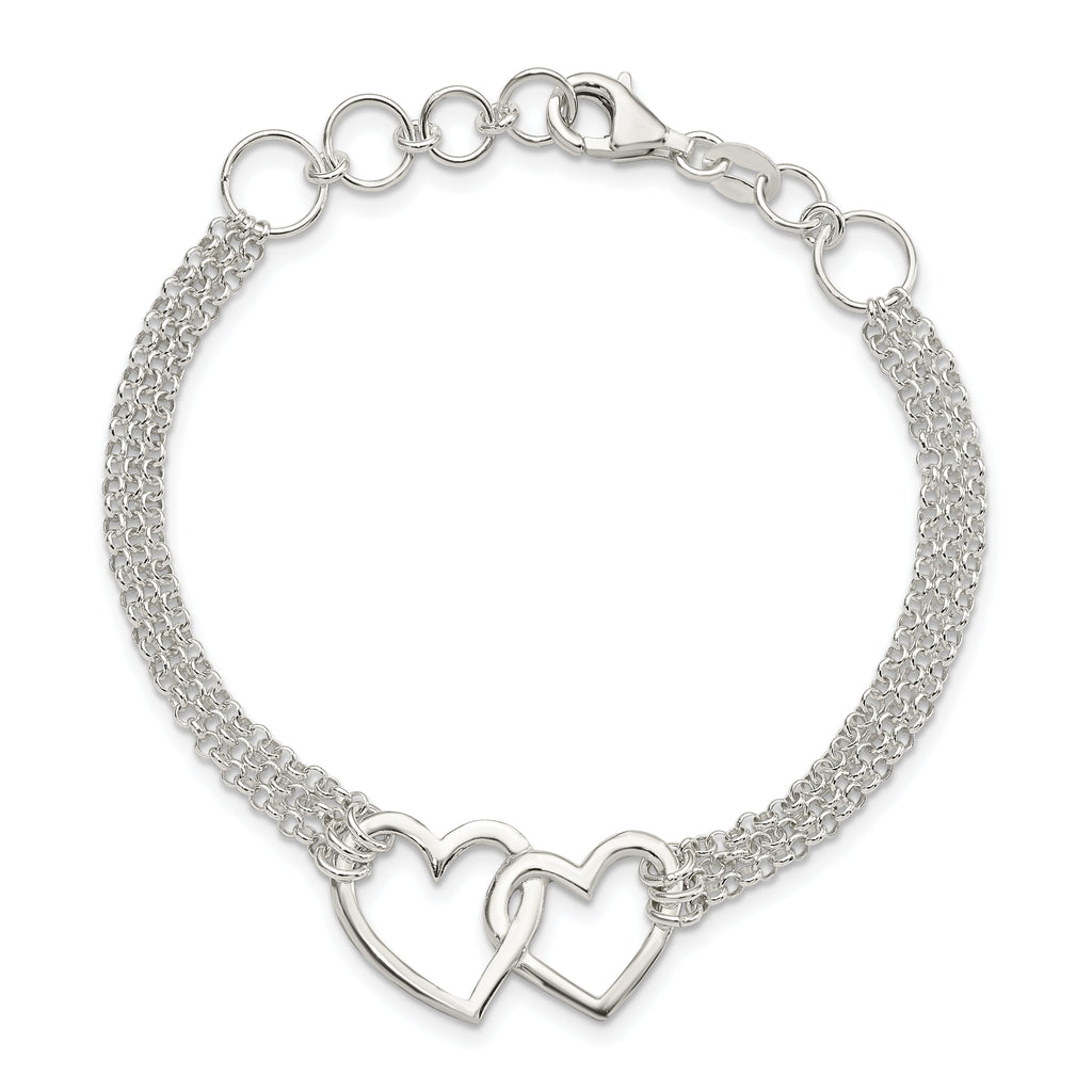 Sterling Silver Polished Linked Hearts 3-strand 7 inch with 0.5 inch Extension Heart Bracelet