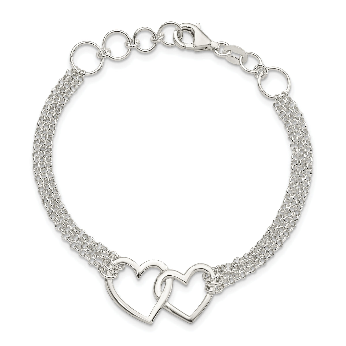 Sterling Silver Polished Linked Hearts 3-strand 7 inch with 0.5 inch Extension Heart Bracelet