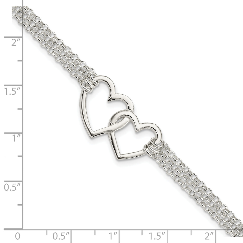 Sterling Silver Polished 3-strand With .5in. Ext. Heart Bracelet