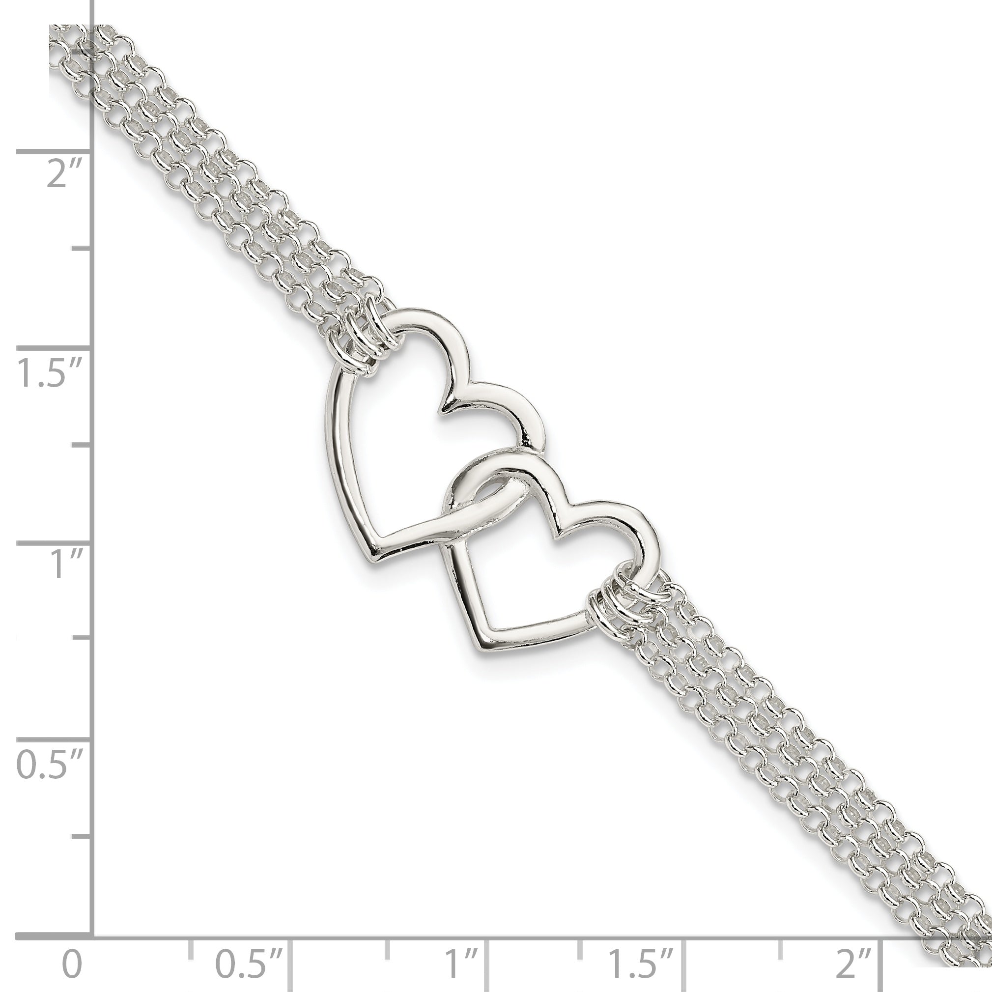 Sterling Silver Polished 3-strand With .5in. Ext. Heart Bracelet