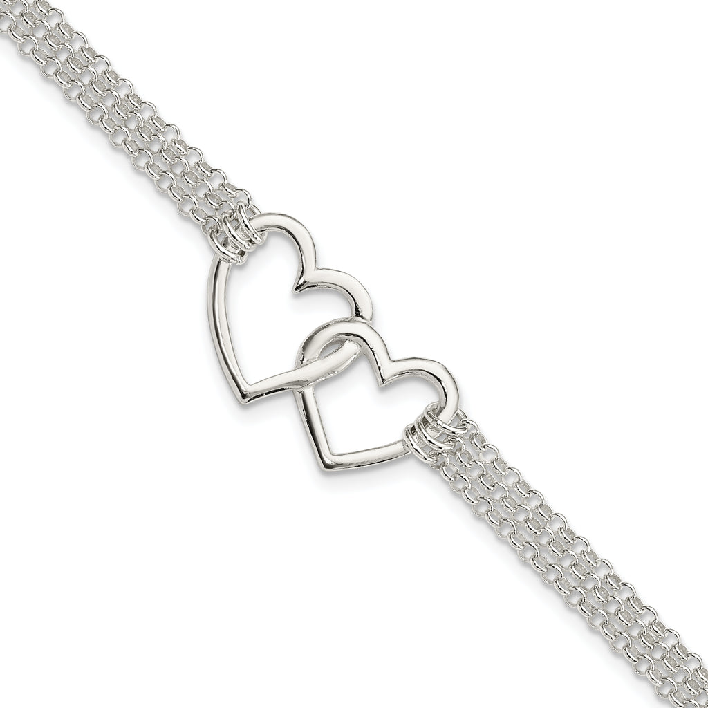 Sterling Silver Polished 3-strand With .5in. Ext. Heart Bracelet