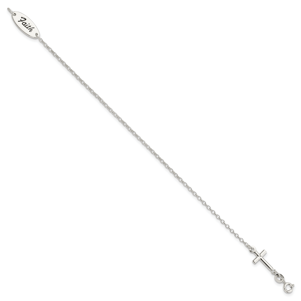 Sterling Silver Polished Enamel FAITH and Cross Bracelet