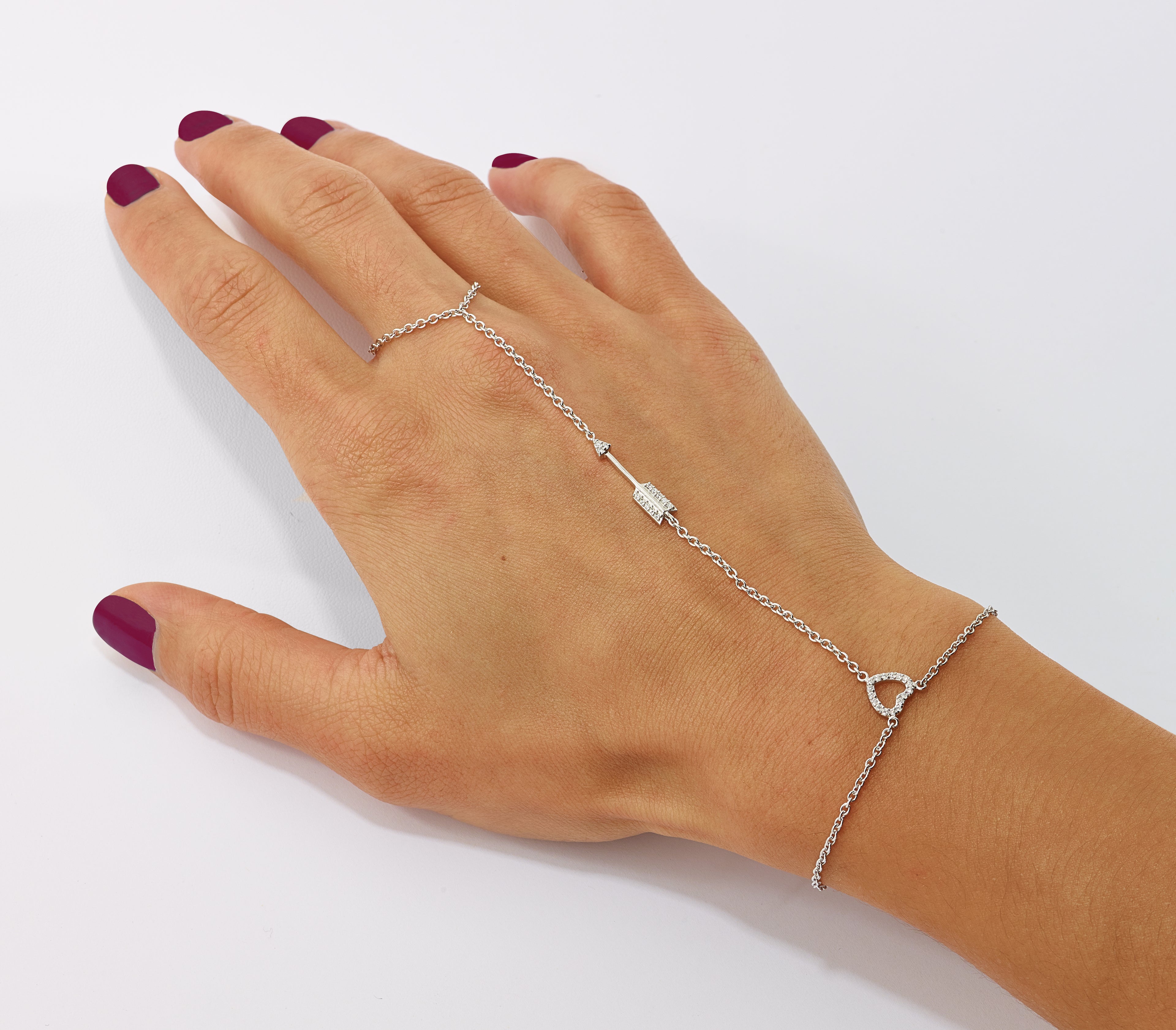 Sterling Silver Rh-plated Polished CZ Heart/Arrow Attached Ring/Bracelet