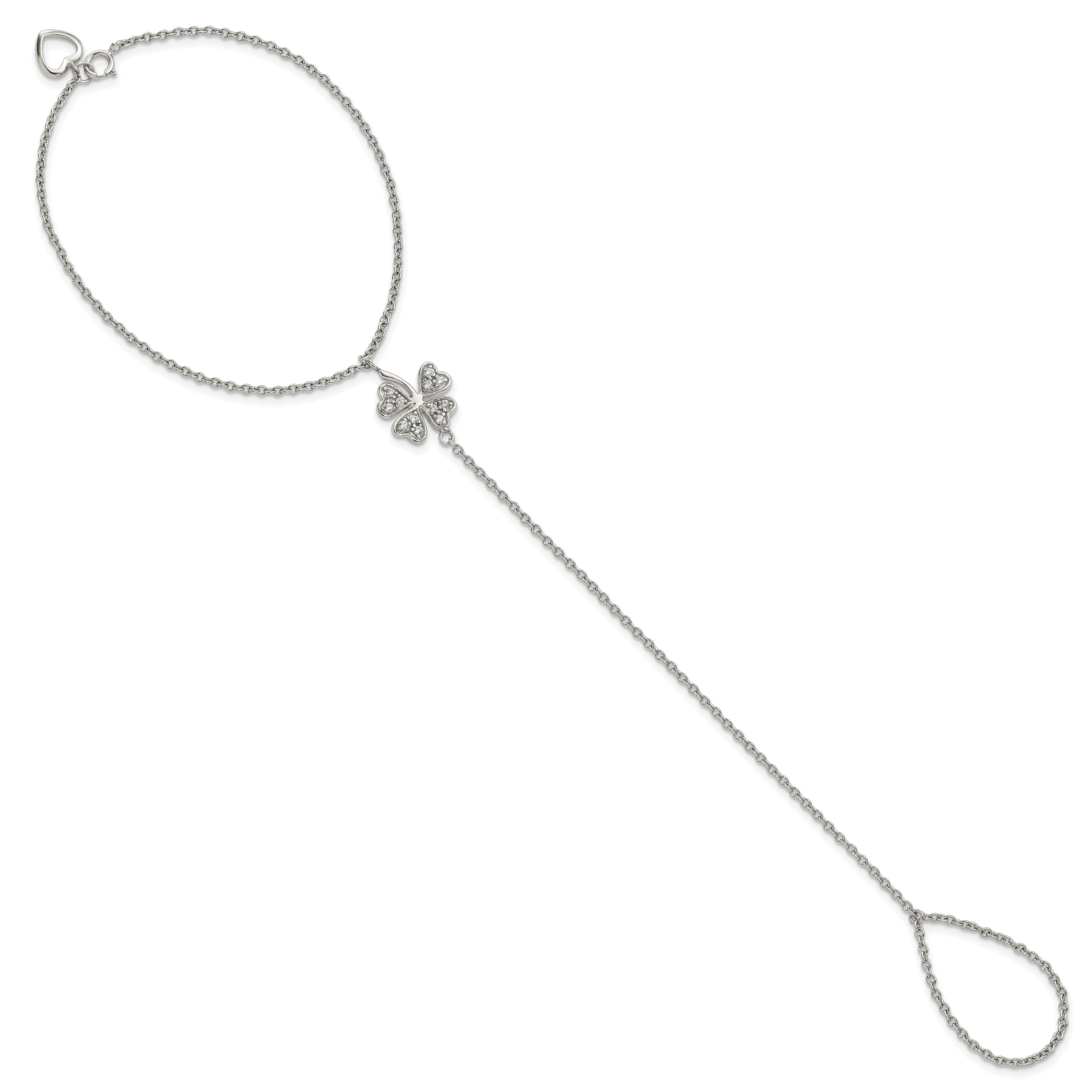 Sterling Silver RH-plat Polished CZ Four Leaf Clover Attached Ring/Bracelet Secondary image