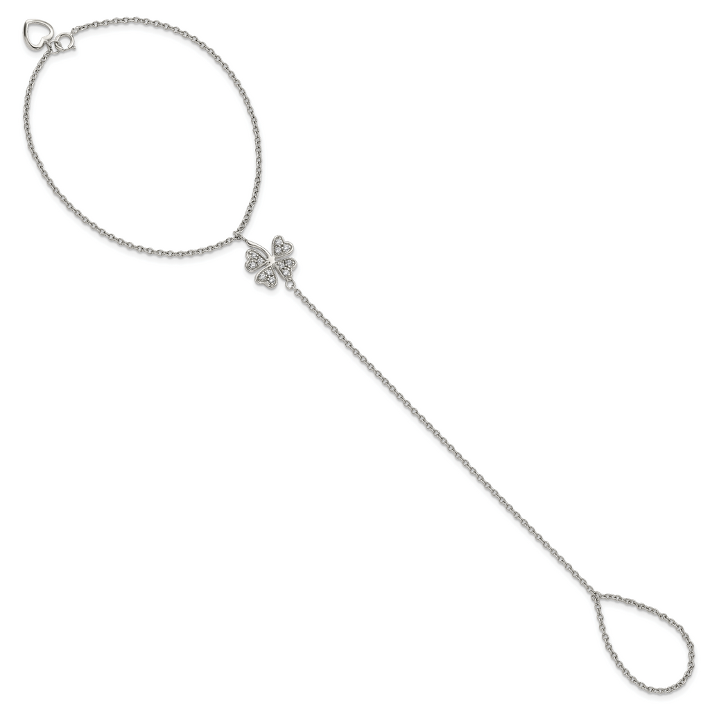 Sterling Silver RH-plat Polished CZ Four Leaf Clover Attached Ring/Bracelet