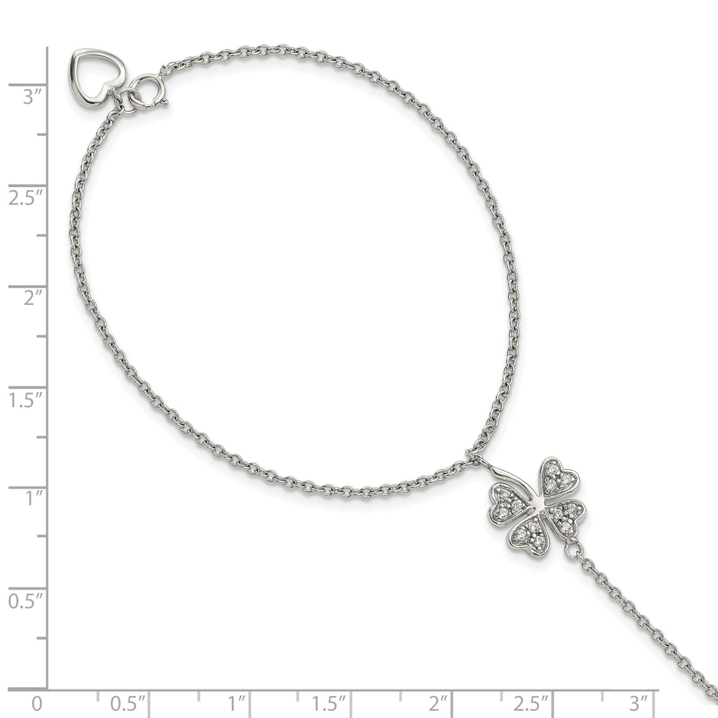 Sterling Silver RH-plat Polished CZ Four Leaf Clover Attached Ring/Bracelet