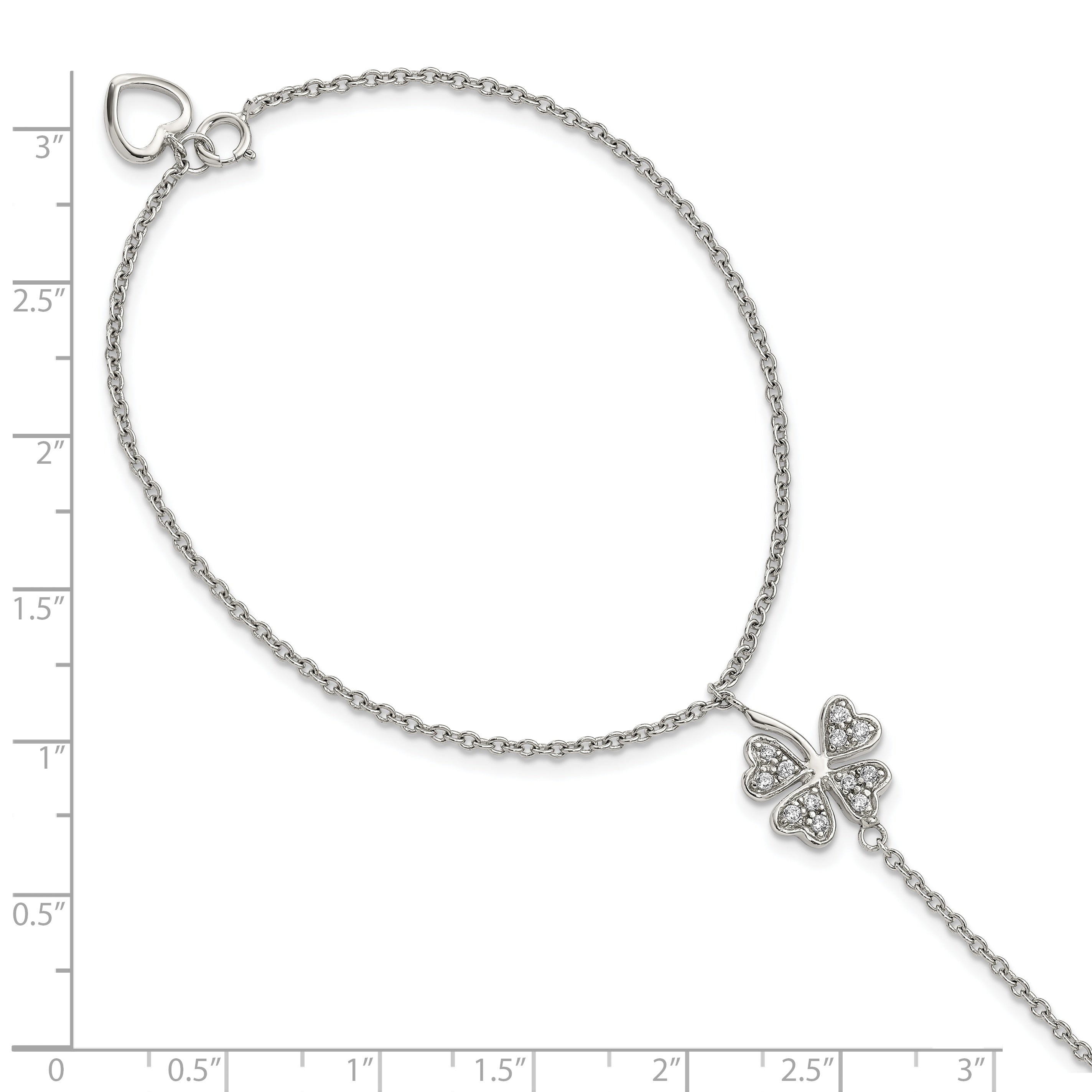 Sterling Silver RH-plat Polished CZ Four Leaf Clover Attached Ring/Bracelet