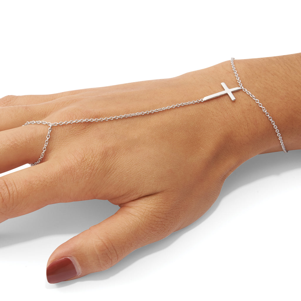 Sterling Silver Rhodium-plated Polished Cross Attached Chain Ring/7 inch Bracelet