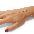 Sterling Silver Rhodium-plated Polished Cross Attached Chain Ring/7 inch Bracelet