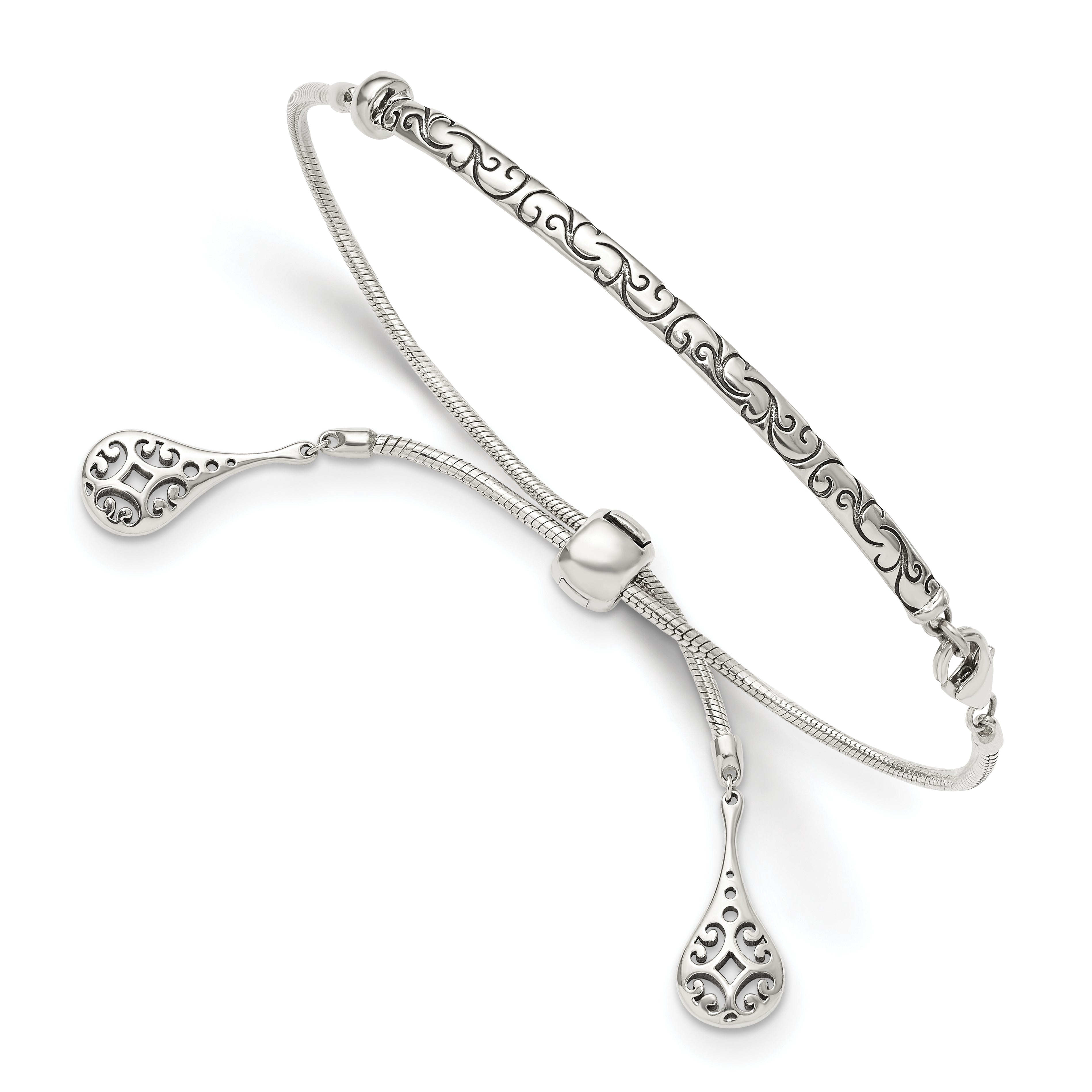 Sterling Silver Antiqued Filigree Drops Adjustable Bracelet