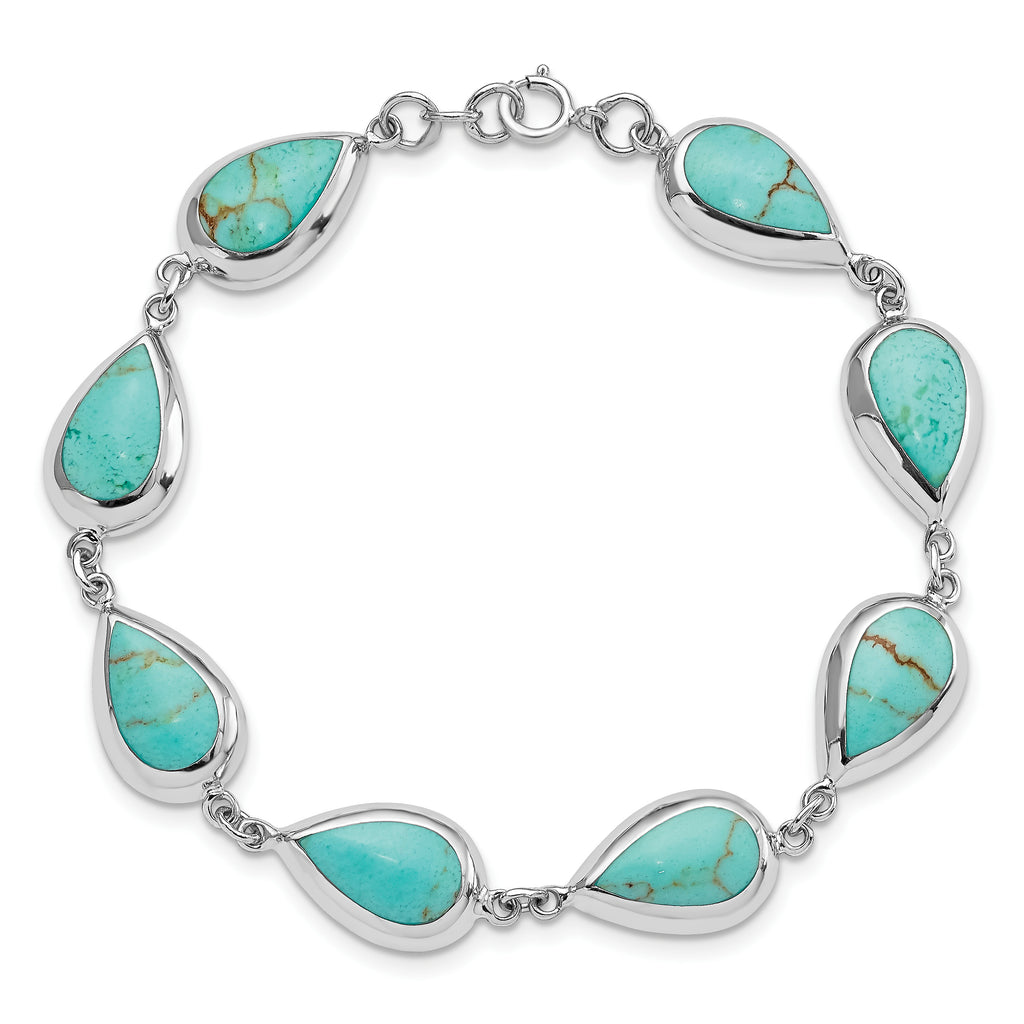 Sterling Silver Rhodium-plated Teardrop Lab Created Turquoise 7.75 inch Bracelet