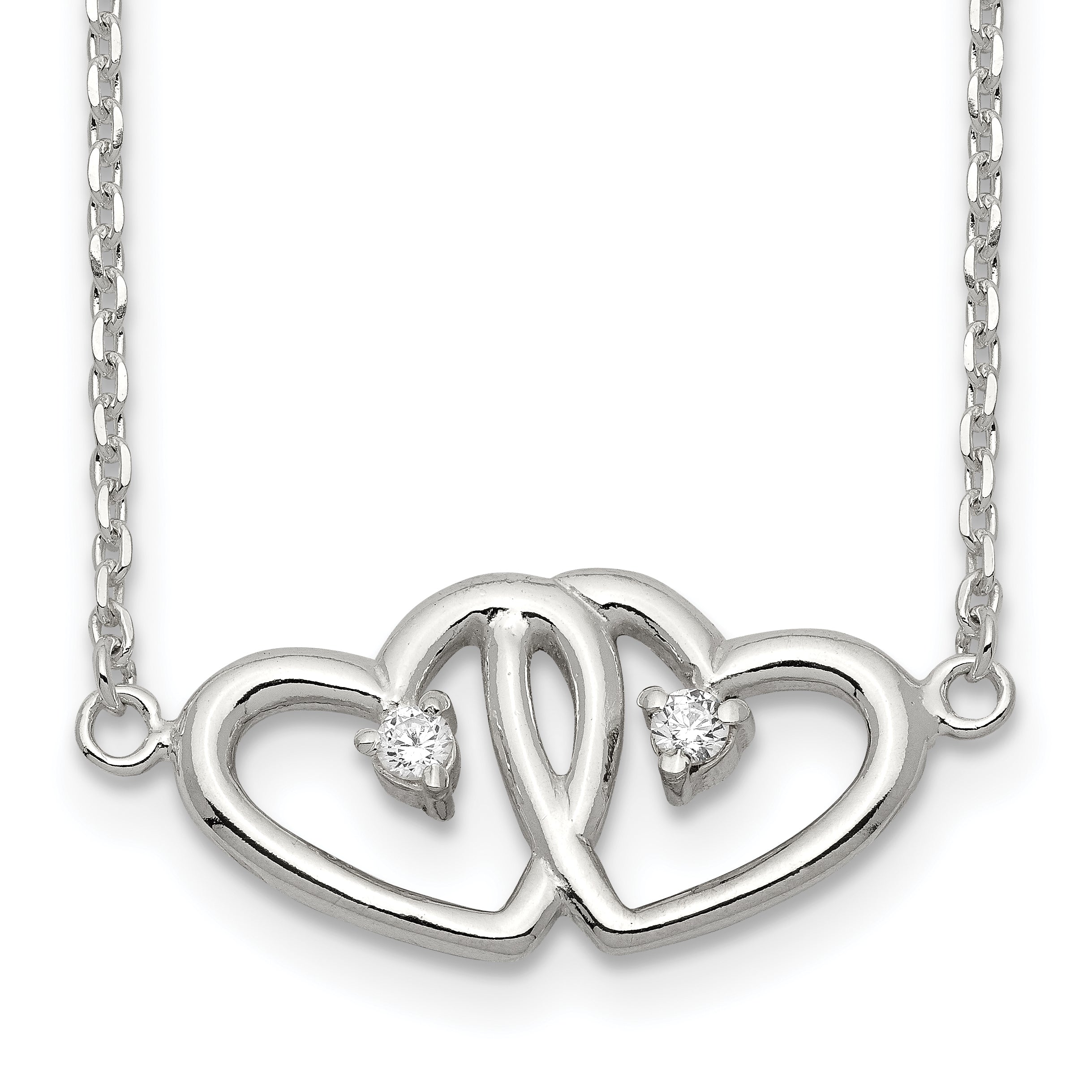 Sterling Silver Polished Two Hearts CZ Necklace Main image