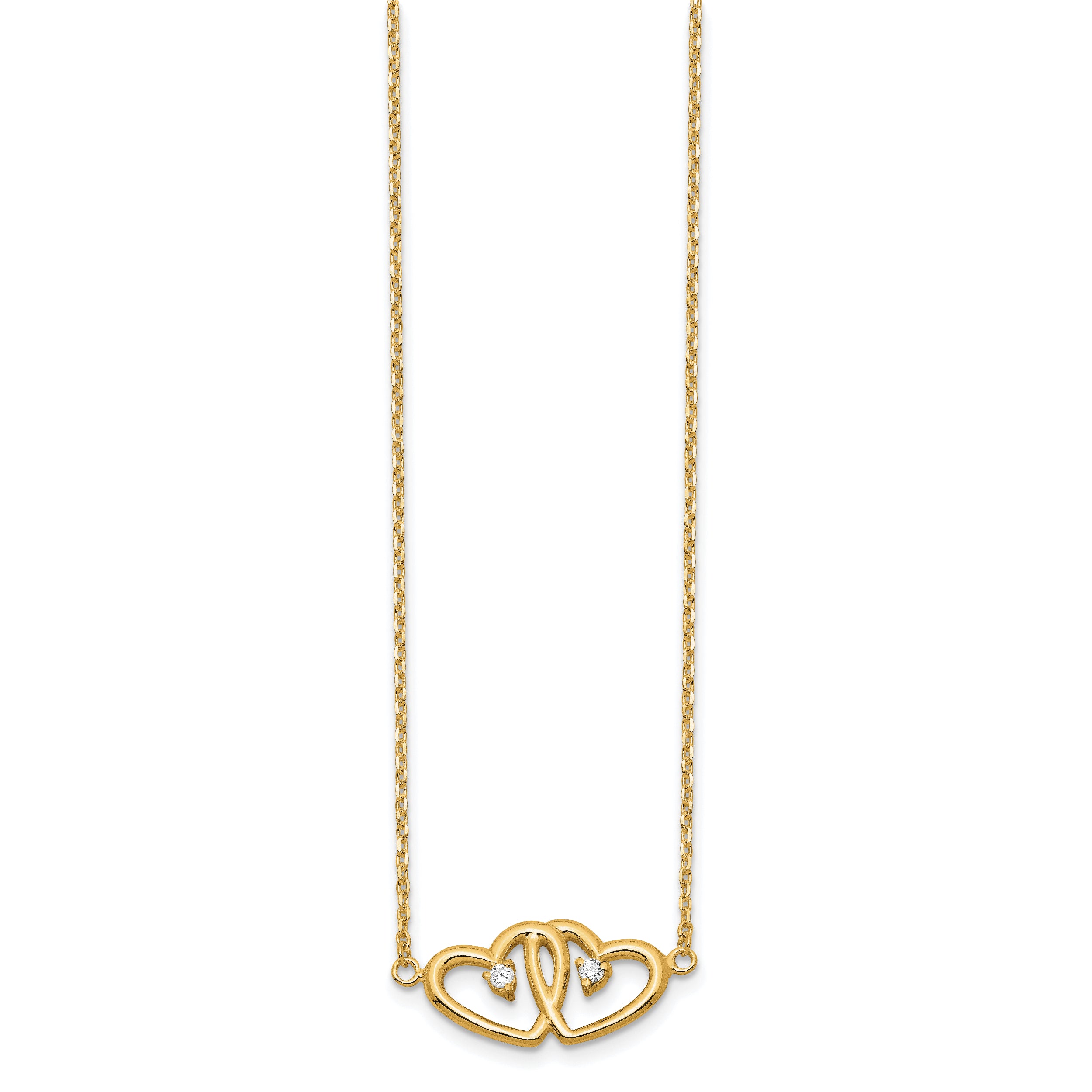Sterling Silver Gold-tone Polished Two Hearts CZ Necklace