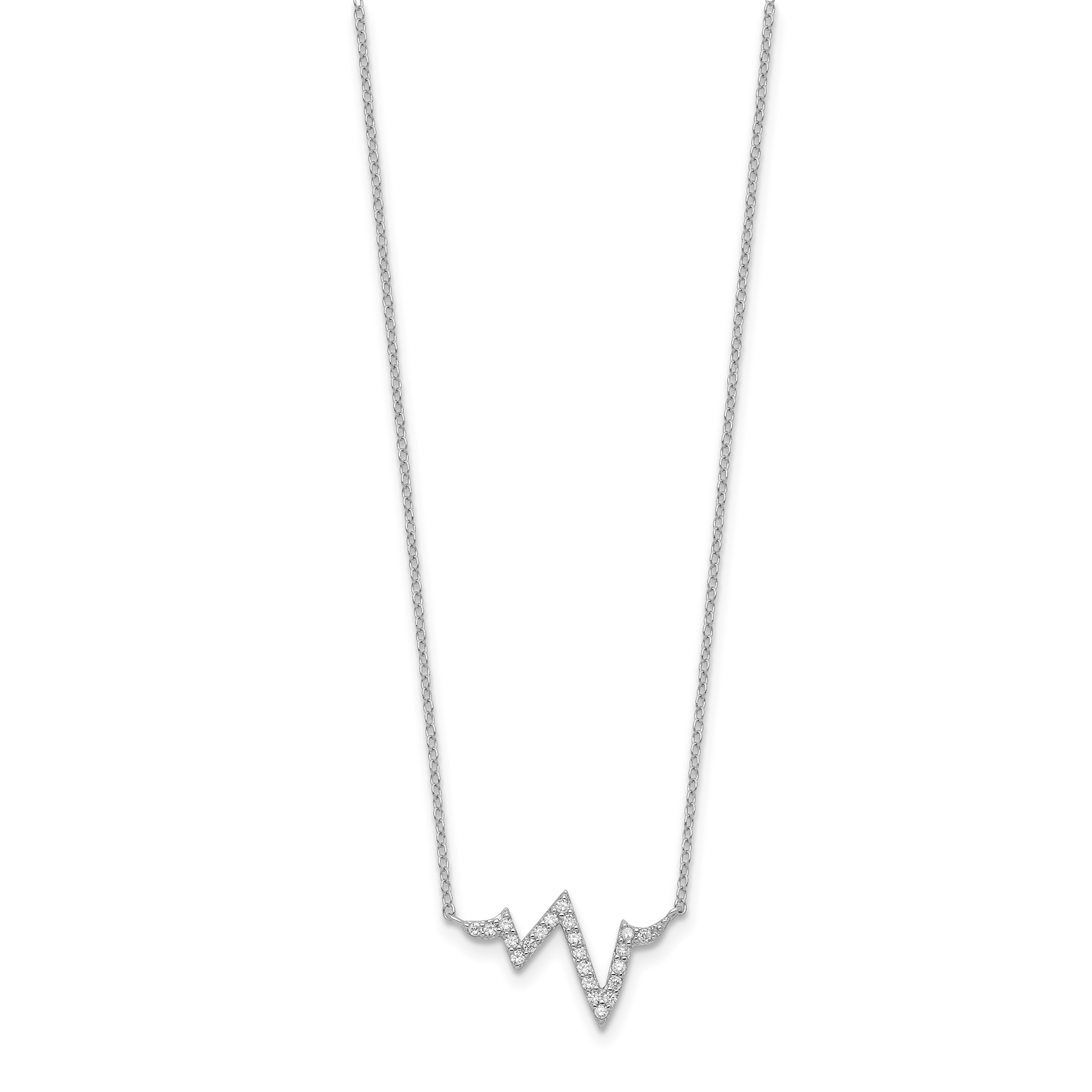 Sterling Silver Rhodium-plated CZ Heartbeat With 2in ext. Necklace