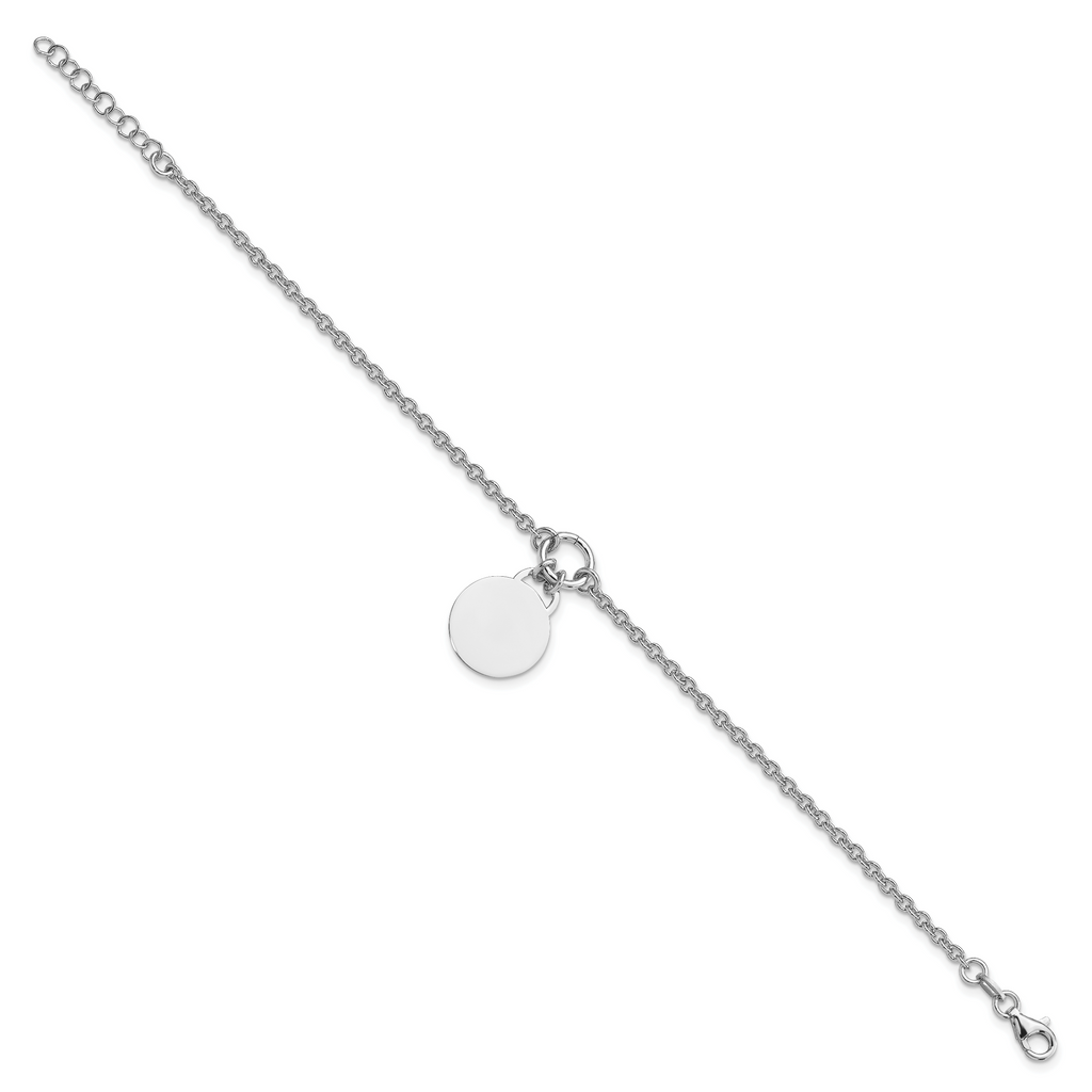 Sterling Silver Rhodium-plated Engravable Disc With 1in ext Bracelet