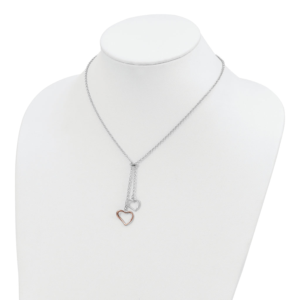 Sterling Silver Rose-tone Polished Textured 2-Heart Necklace