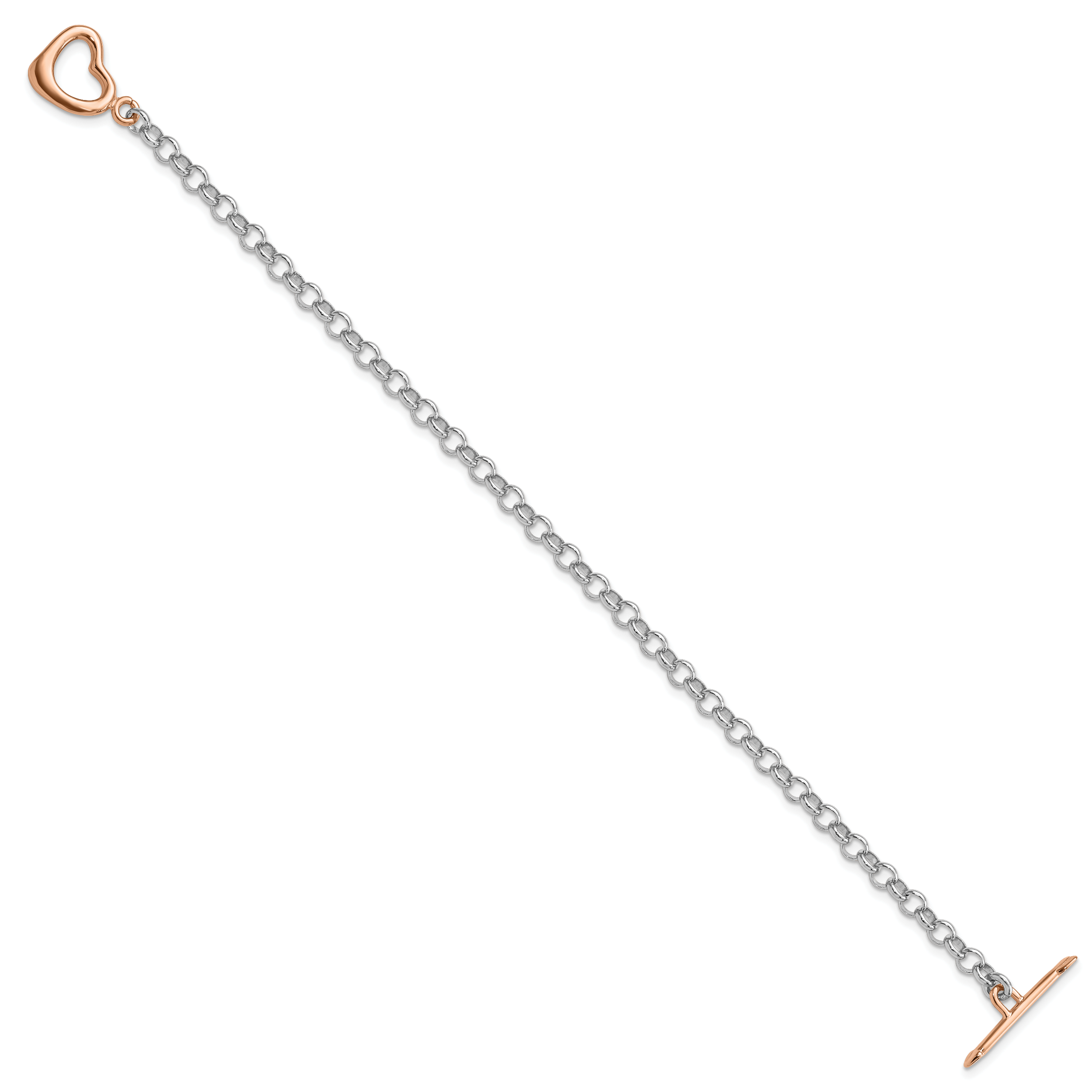 Sterling Silver Rhodium-plated Rose-tone Rolo With Heart Bracelet