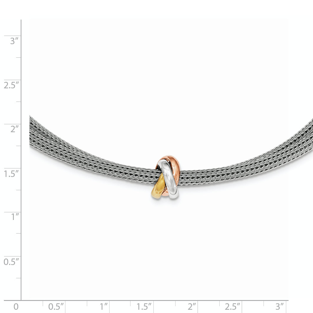 Sterling Silver Polished Rose & Gold-tone Mesh Necklace
