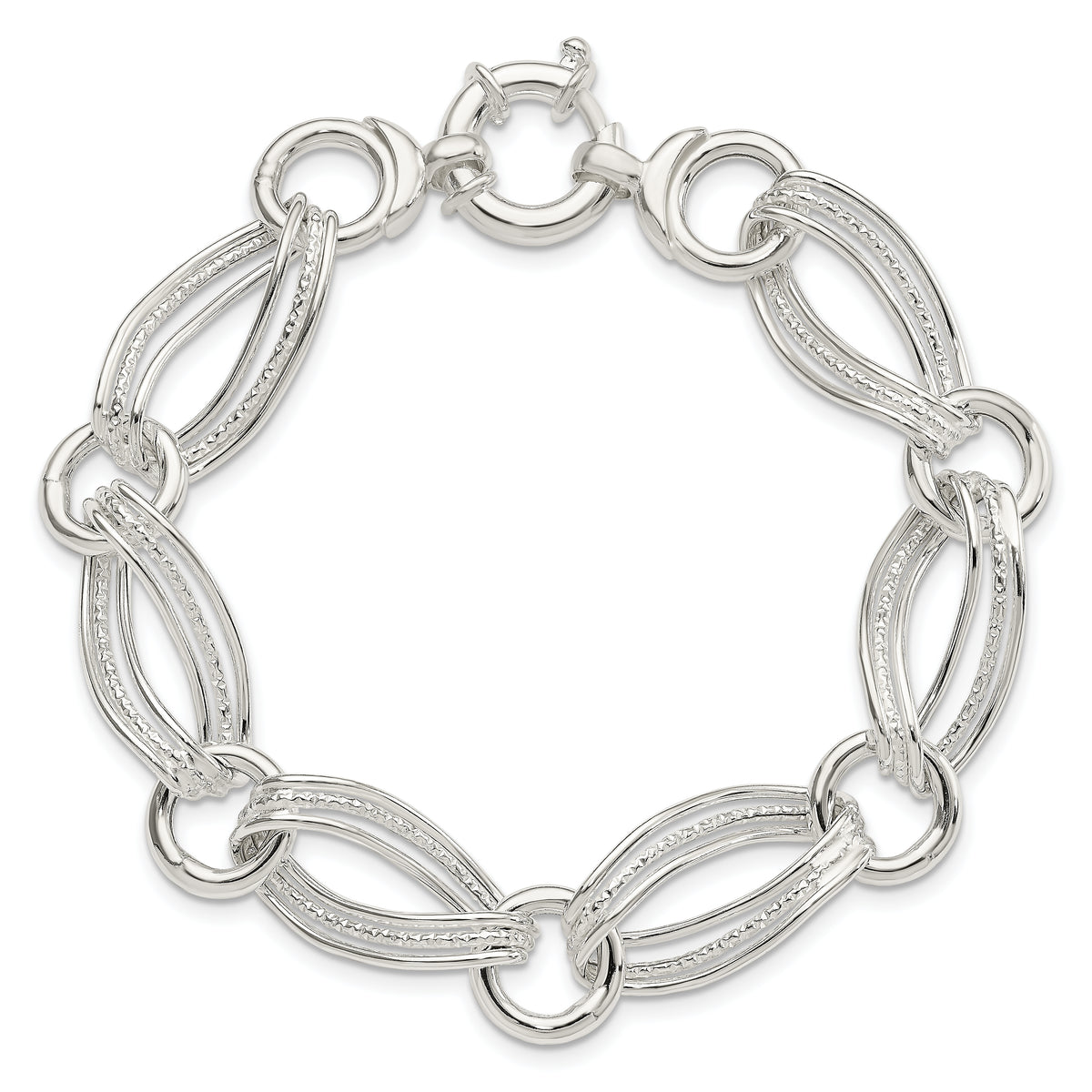 Sterling Silver Polished and Textured Triple Link 8 inch Bracelet