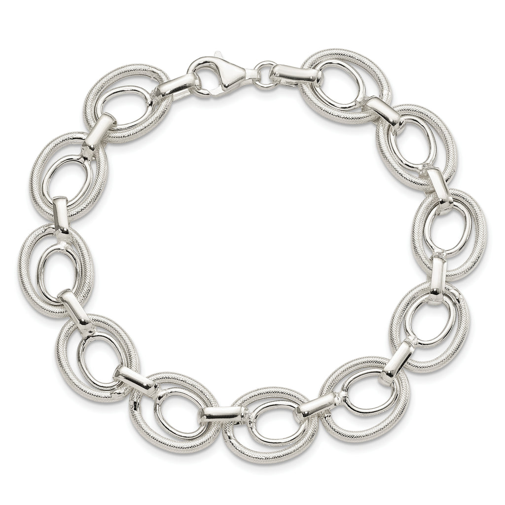Sterling Silver Polished and Textured Double Oval Link 8 inch Bracelet