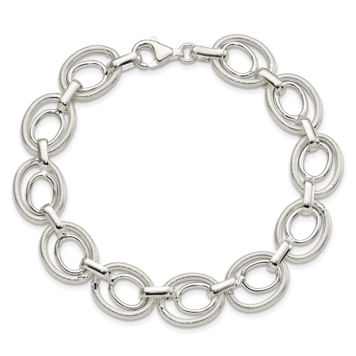 Sterling Silver Polished and Textured Double Oval Link 8 inch Bracelet