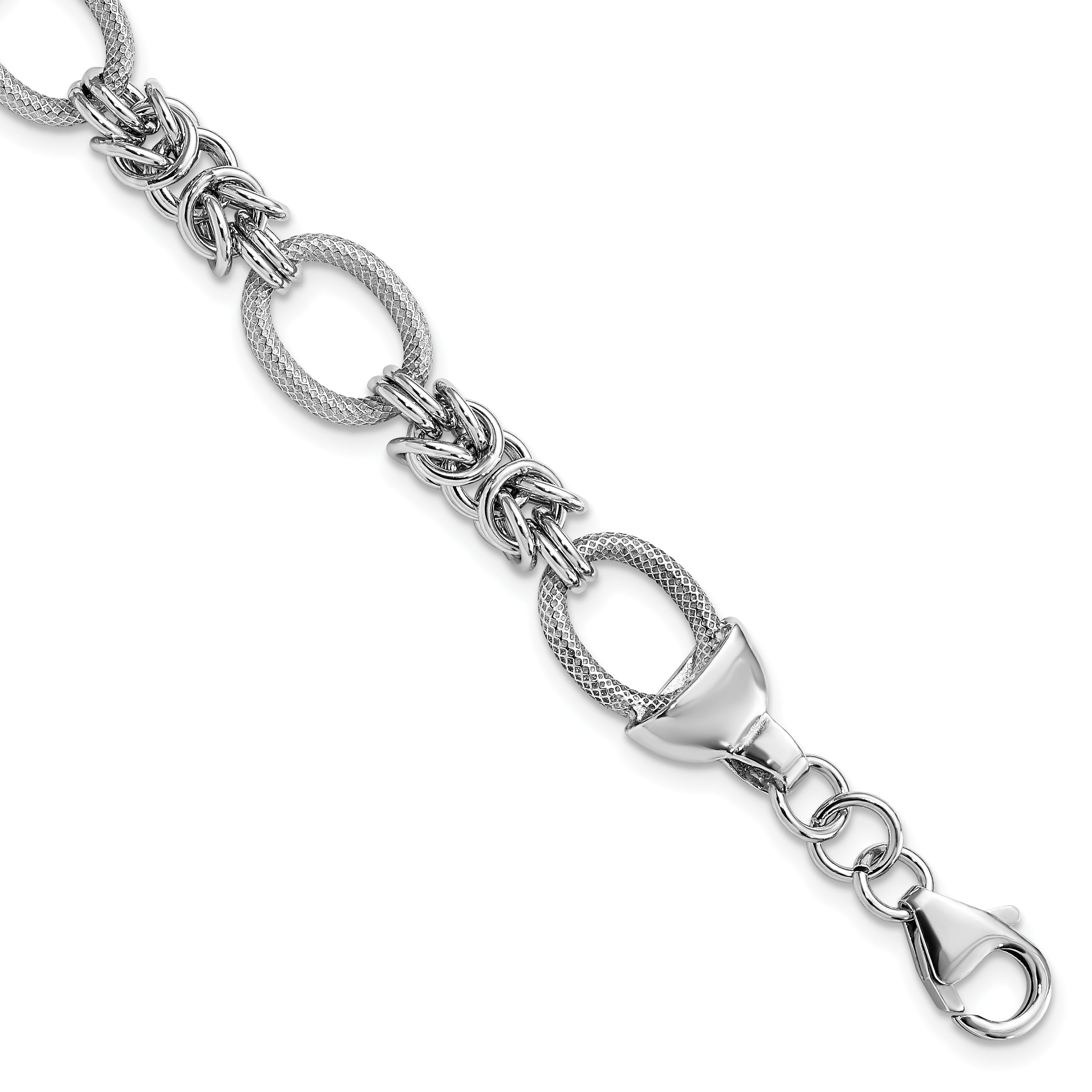 Sterling Silver Rhod-plated Polished Textured Fancy Link Bracelet Main image