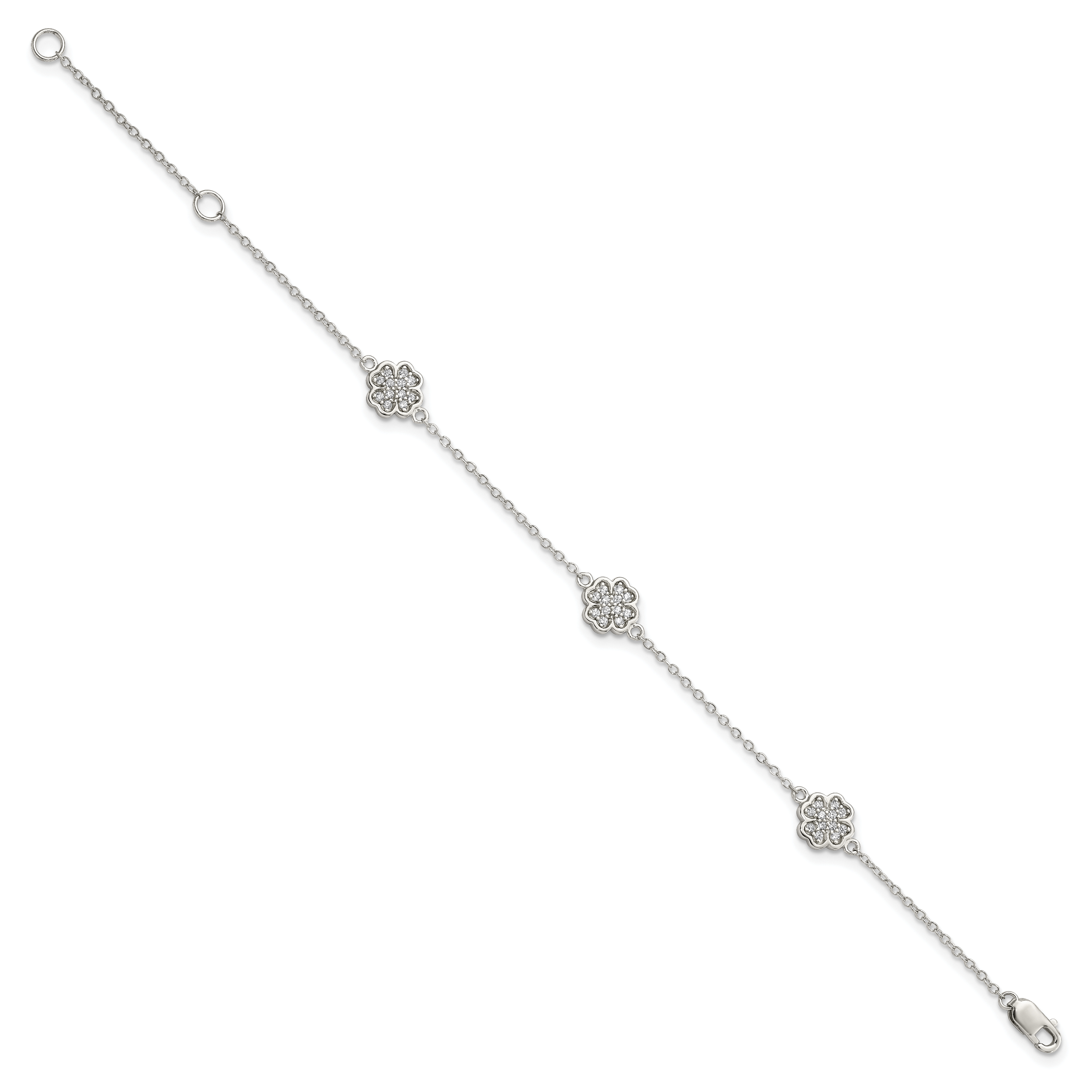 Sterling Silver Rhodium-plated Polished CZ Four Leaf Clover 7in Bracelet Secondary image