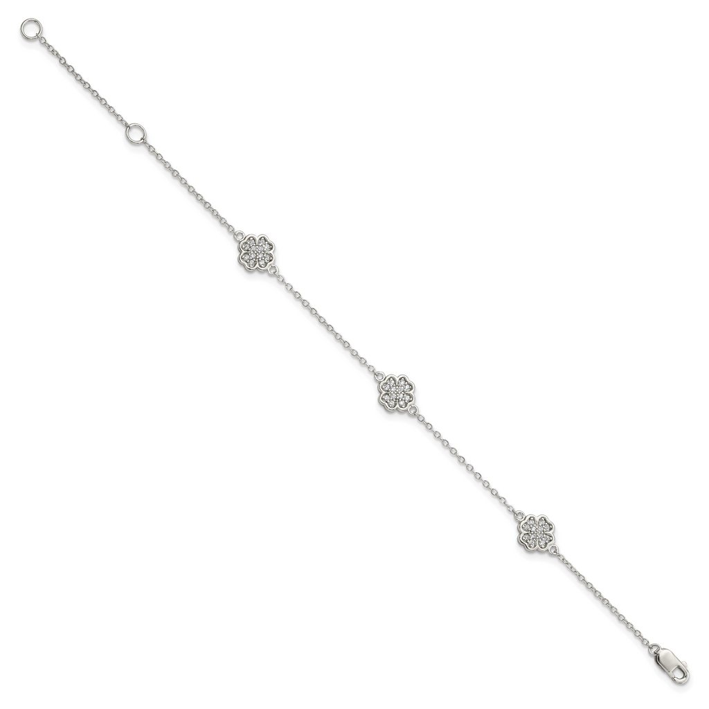 Sterling Silver Rhodium-plated Polished CZ Four Leaf Clover 7in Bracelet