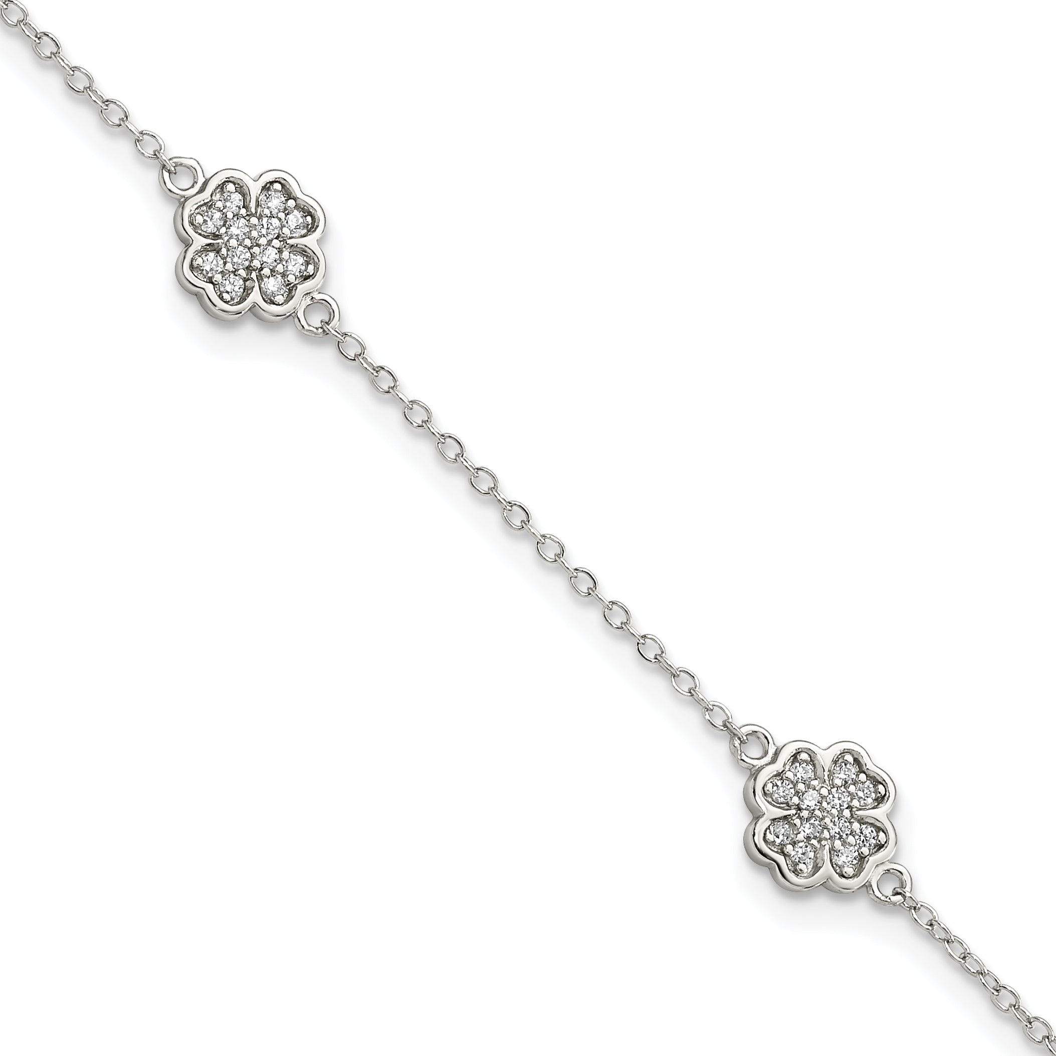 Sterling Silver Rhodium-plated Polished CZ Four Leaf Clover 7in Bracelet Main image