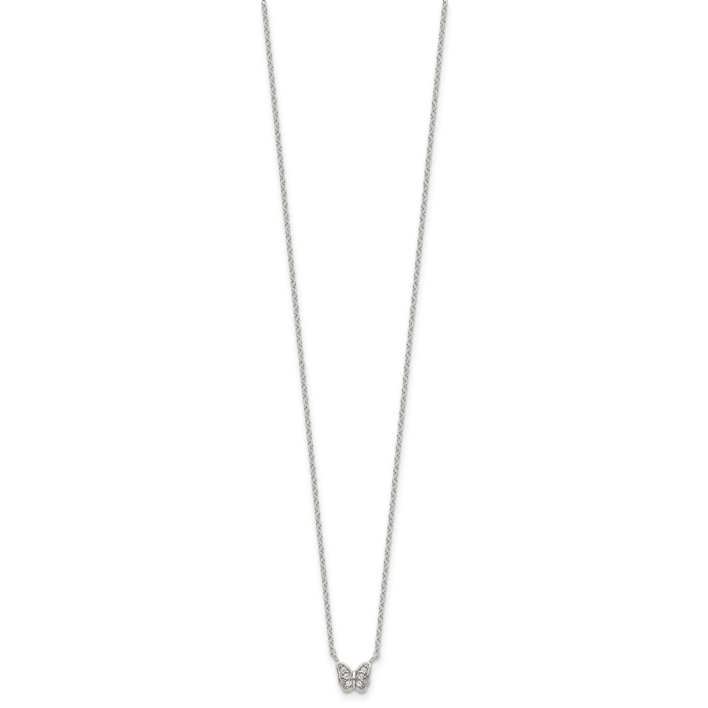Sterling Silver Rhodium-plated Polished CZ Butterfly 16 Inch Necklace with 2 Inch extension