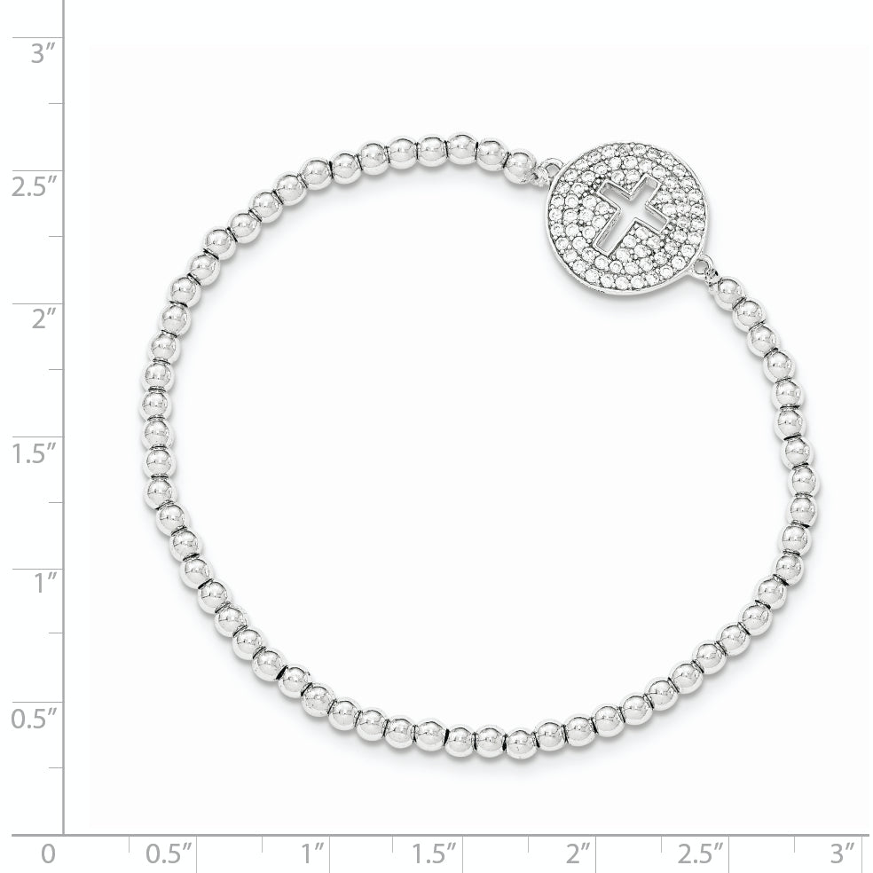 Sterling Silver Rhodium-plated CZ Cross Polished Beaded Stretch Bracelet Secondary image