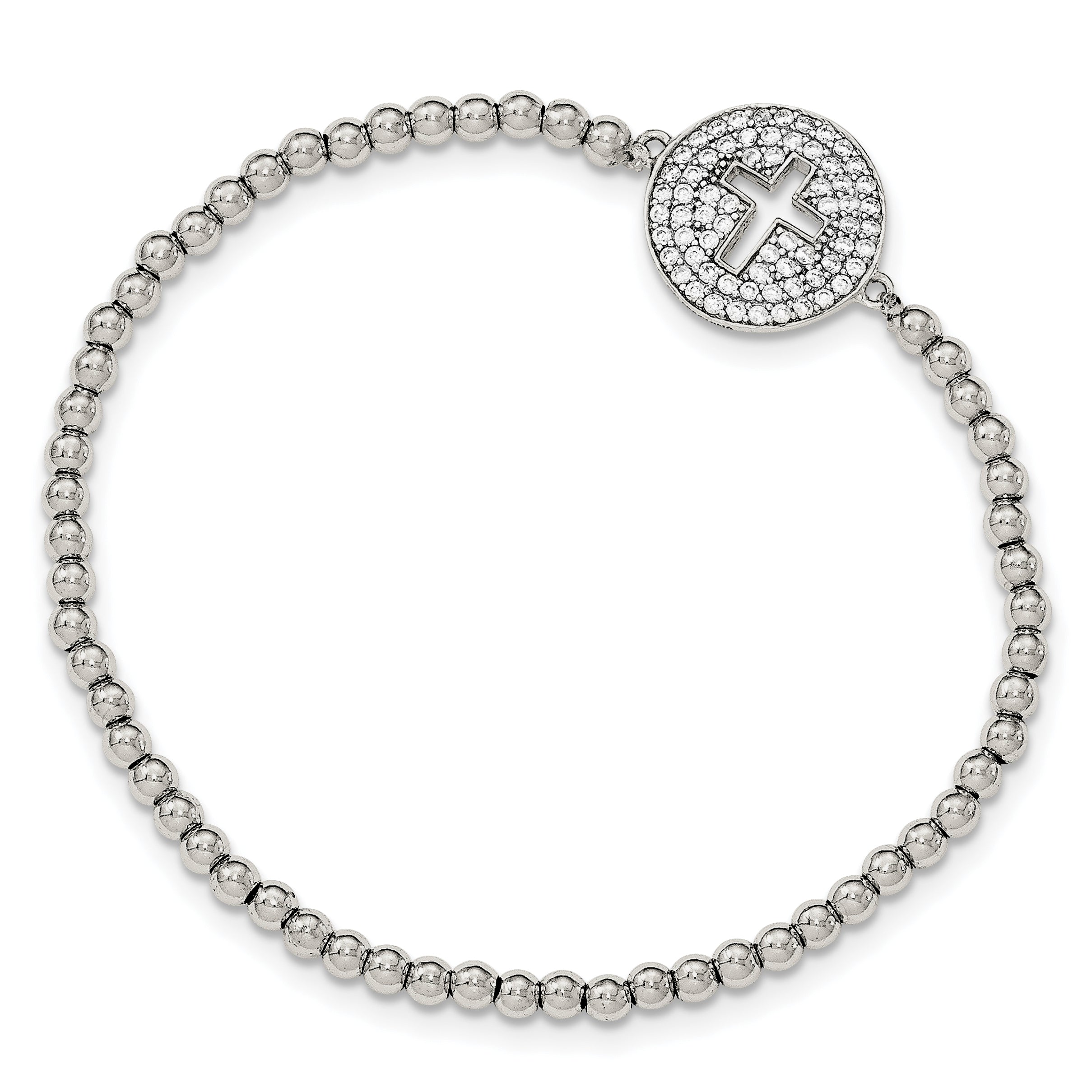 Sterling Silver Rhodium-plated CZ Cross Polished Beaded Stretch Bracelet Main image