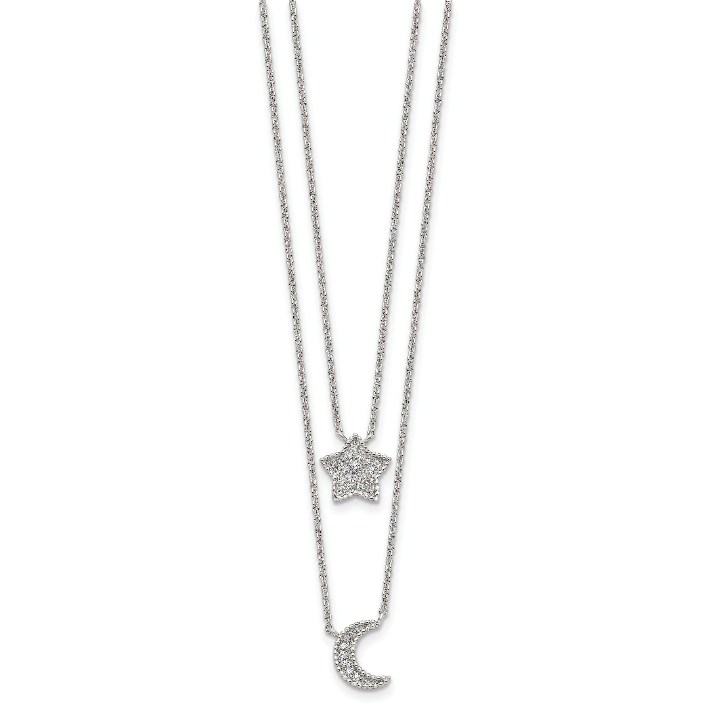 Sterling Silver RH-plated Polished CZ Moon and Star Double Strand Necklace Secondary image