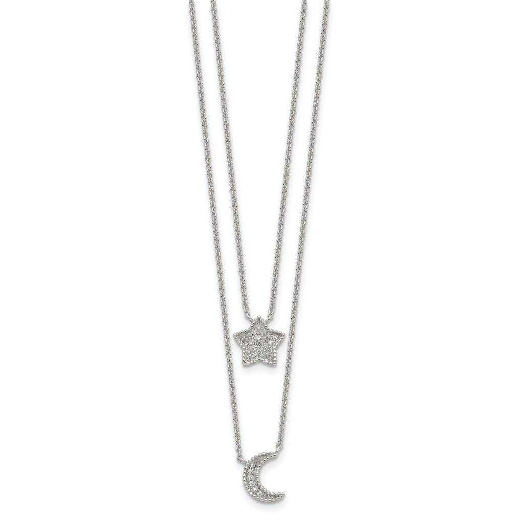 Sterling Silver RH-plated Polished CZ Moon and Star Double Strand Necklace