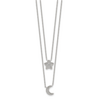 Sterling Silver RH-plated Polished CZ Moon and Star Double Strand Necklace